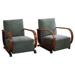 Pair of Danish Curved Art Deco Lounge Chairs, Armrest in Walnut, Made in 1930s