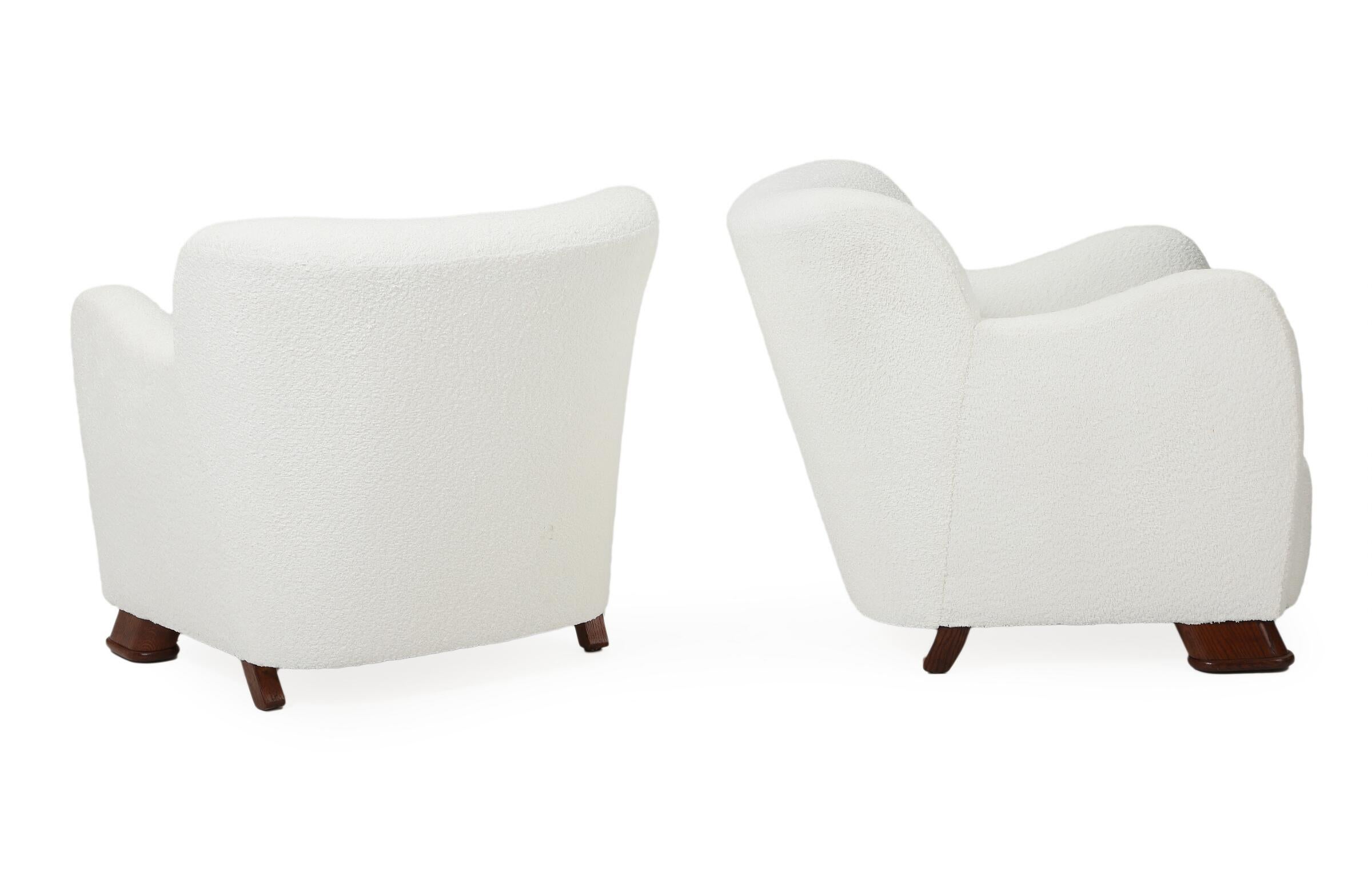 Mid-Century Modern Pair of Danish Design Armchairs Upholstered Light Boucle. Sweden, 1940s For Sale