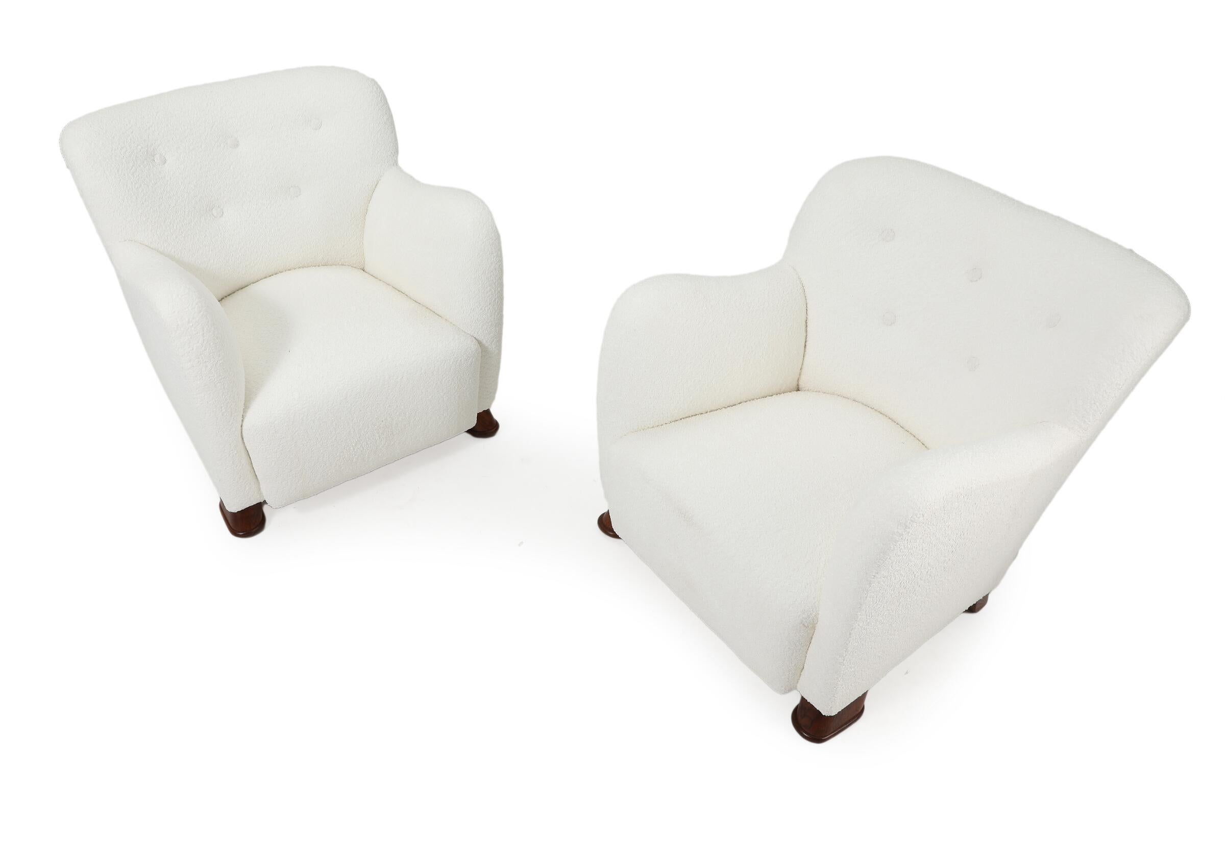 Pair of Danish Design Armchairs Upholstered Light Boucle. Sweden, 1940s In Good Condition For Sale In Bonita Springs, FL