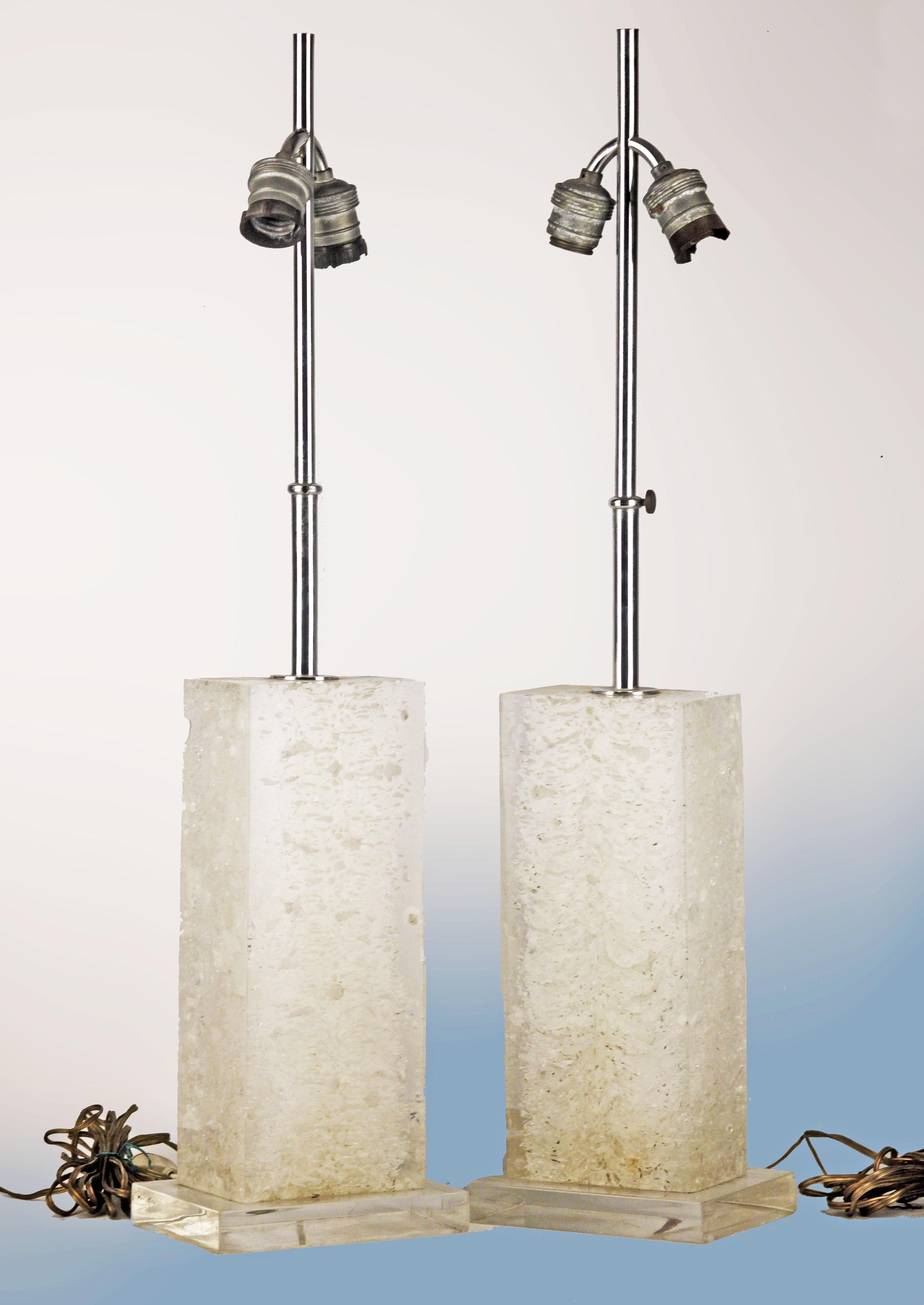 Pair of Industrial design table lamps with translucent acrylic rectangular prism shaped plinths

By: unknown
Material: acrylic, cord, metal, synthetic, plastic
Technique: cast, forged, molded, polished, metalwork
Dimensions: 4.5 in x 6.5 in x 27.5
