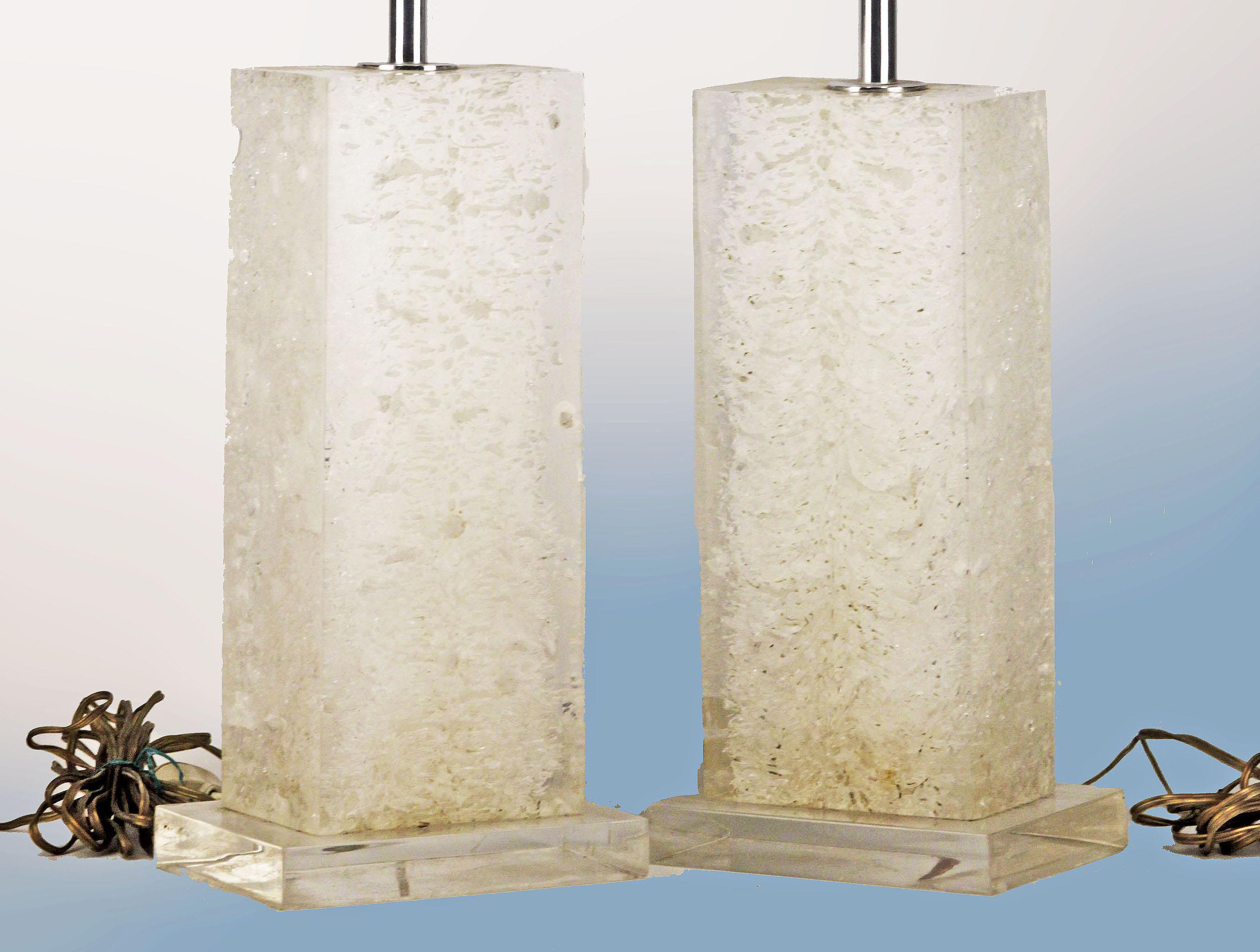 Pair of Danish Design Lamps with Translucent/Textured Acrylic Rectangular Bases In Distressed Condition For Sale In North Miami, FL