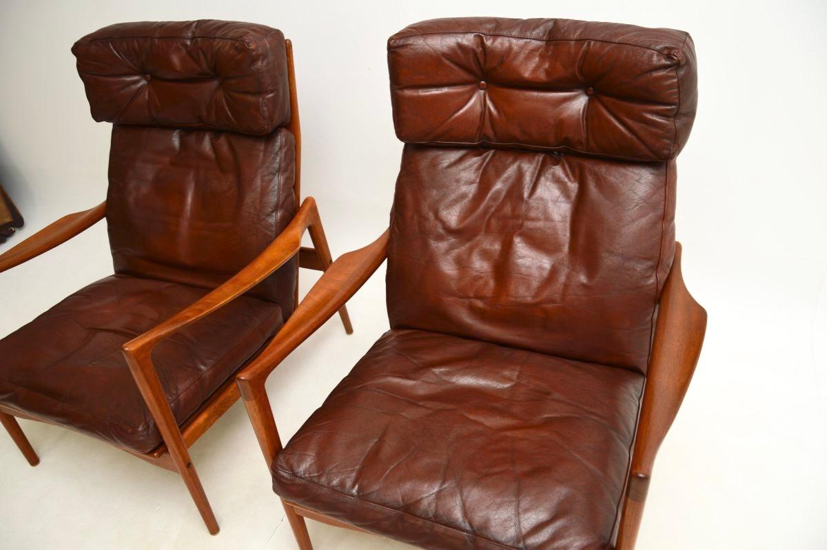 Pair of Danish Design Leather and Teak Armchairs by IB Kofod Larsen For Sale 2