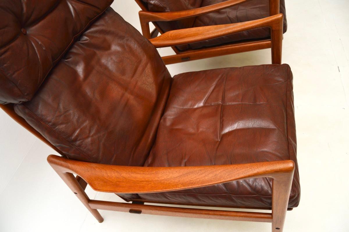 Pair of Danish Design Leather and Teak Armchairs by IB Kofod Larsen For Sale 3