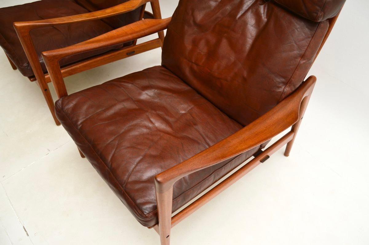 Pair of Danish Design Leather and Teak Armchairs by IB Kofod Larsen For Sale 4