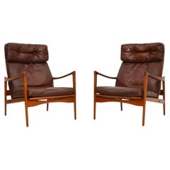 Pair of Danish Design Leather and Teak Armchairs by IB Kofod Larsen