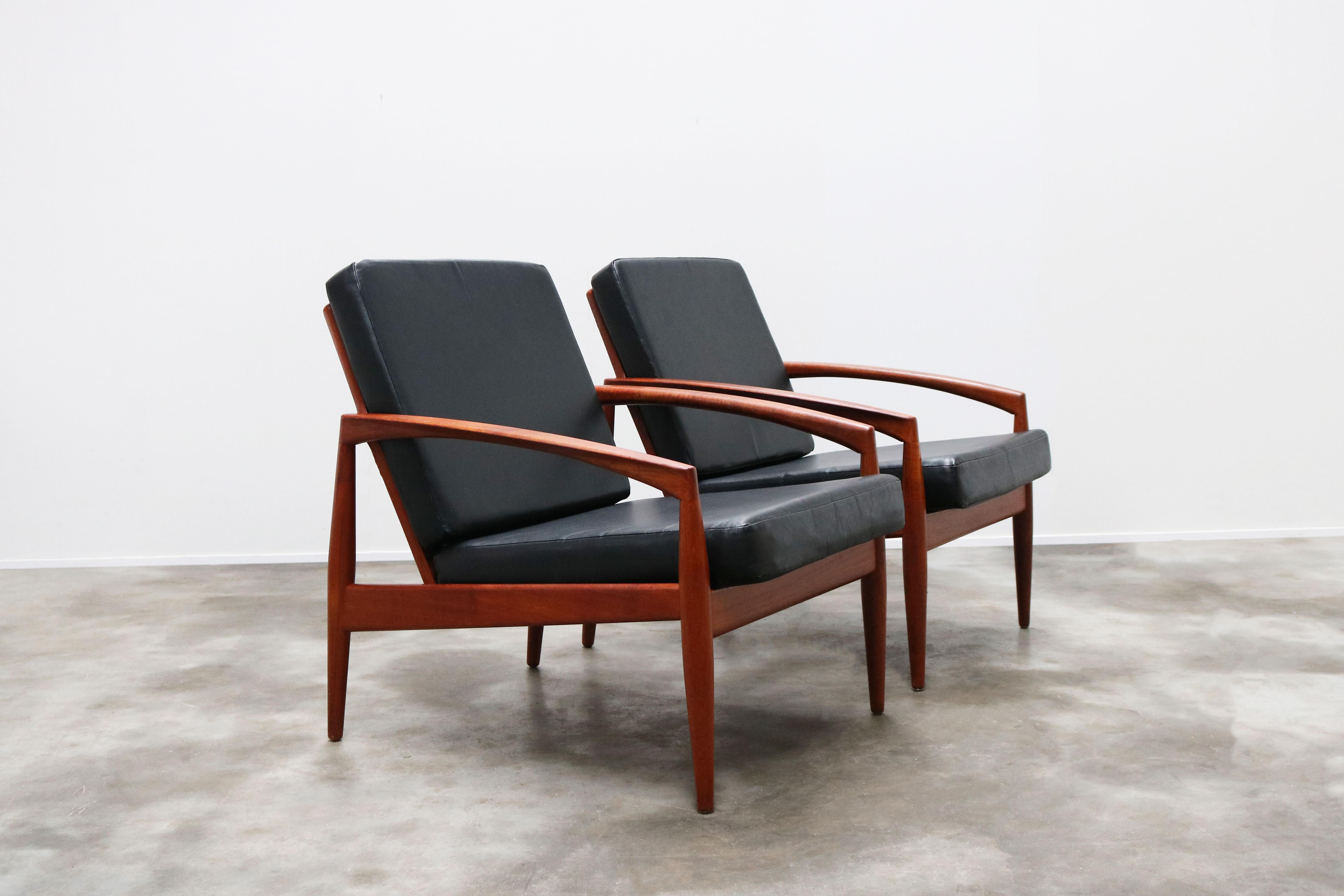 Mid-20th Century Pair of Danish Design Paper Knife Lounge Chairs by Kai Kristiansen in Teak Black For Sale