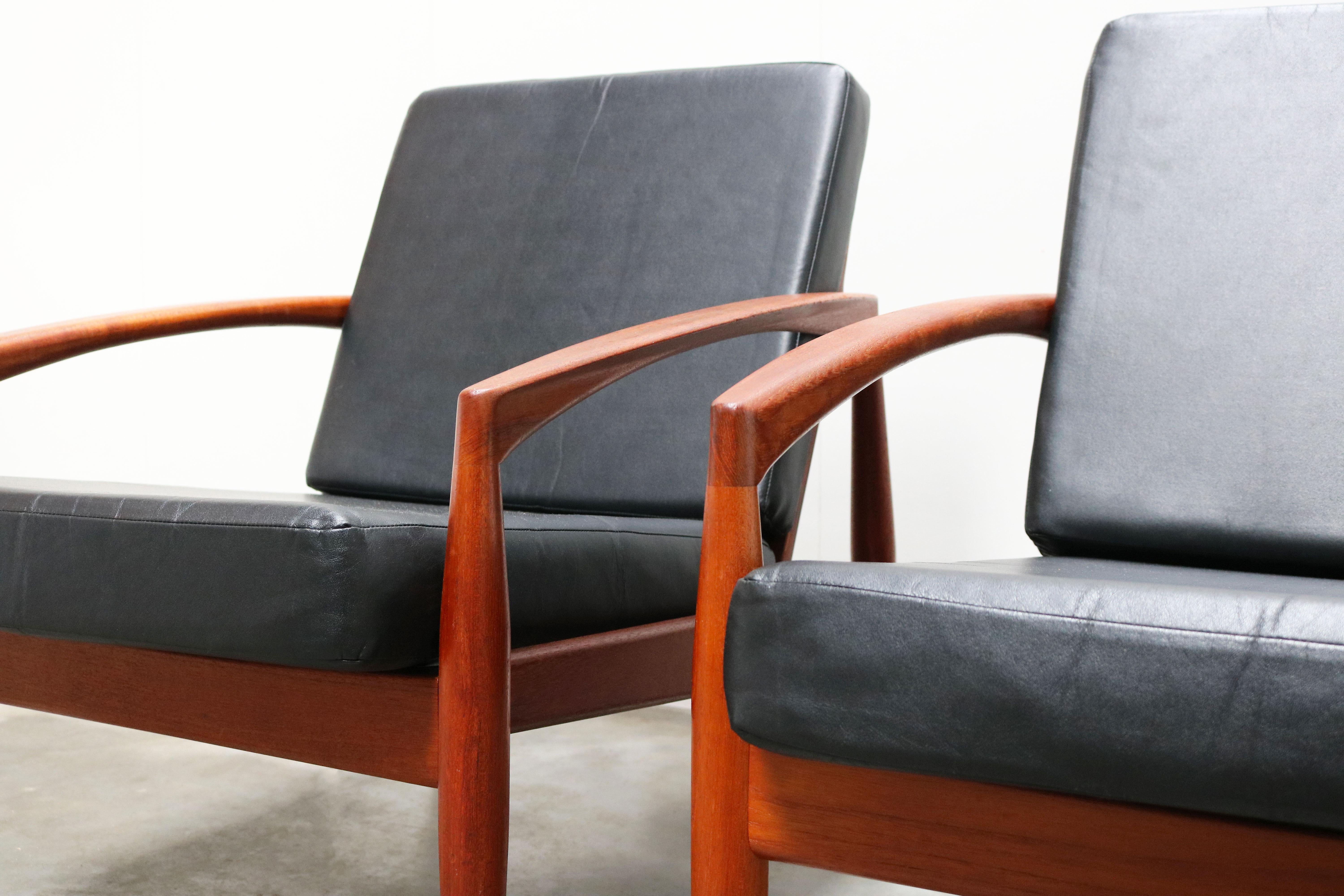 Faux Leather Pair of Danish Design Paper Knife Lounge Chairs by Kai Kristiansen in Teak Black For Sale