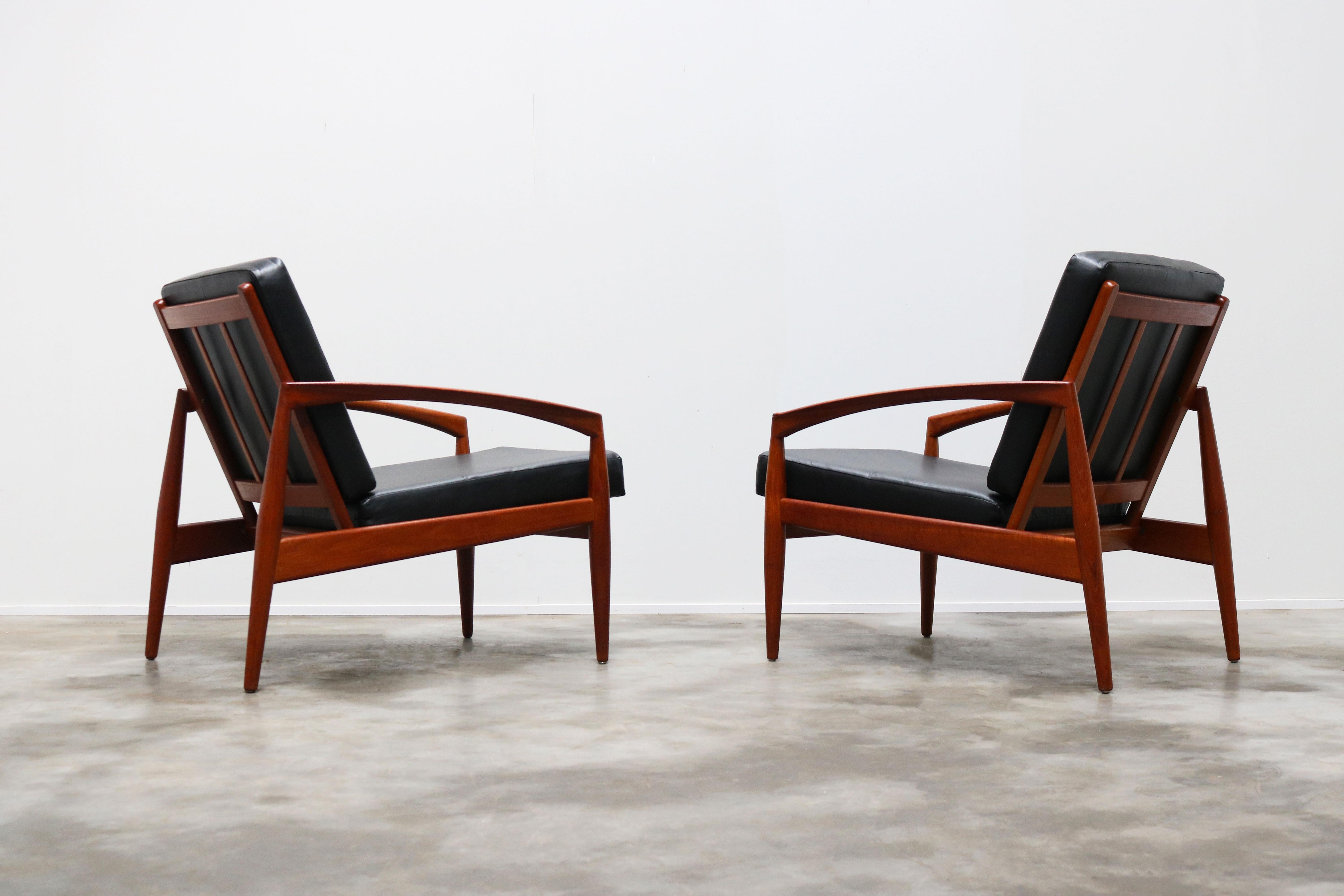 Pair of Danish Design Paper Knife Lounge Chairs by Kai Kristiansen in Teak Black For Sale 1