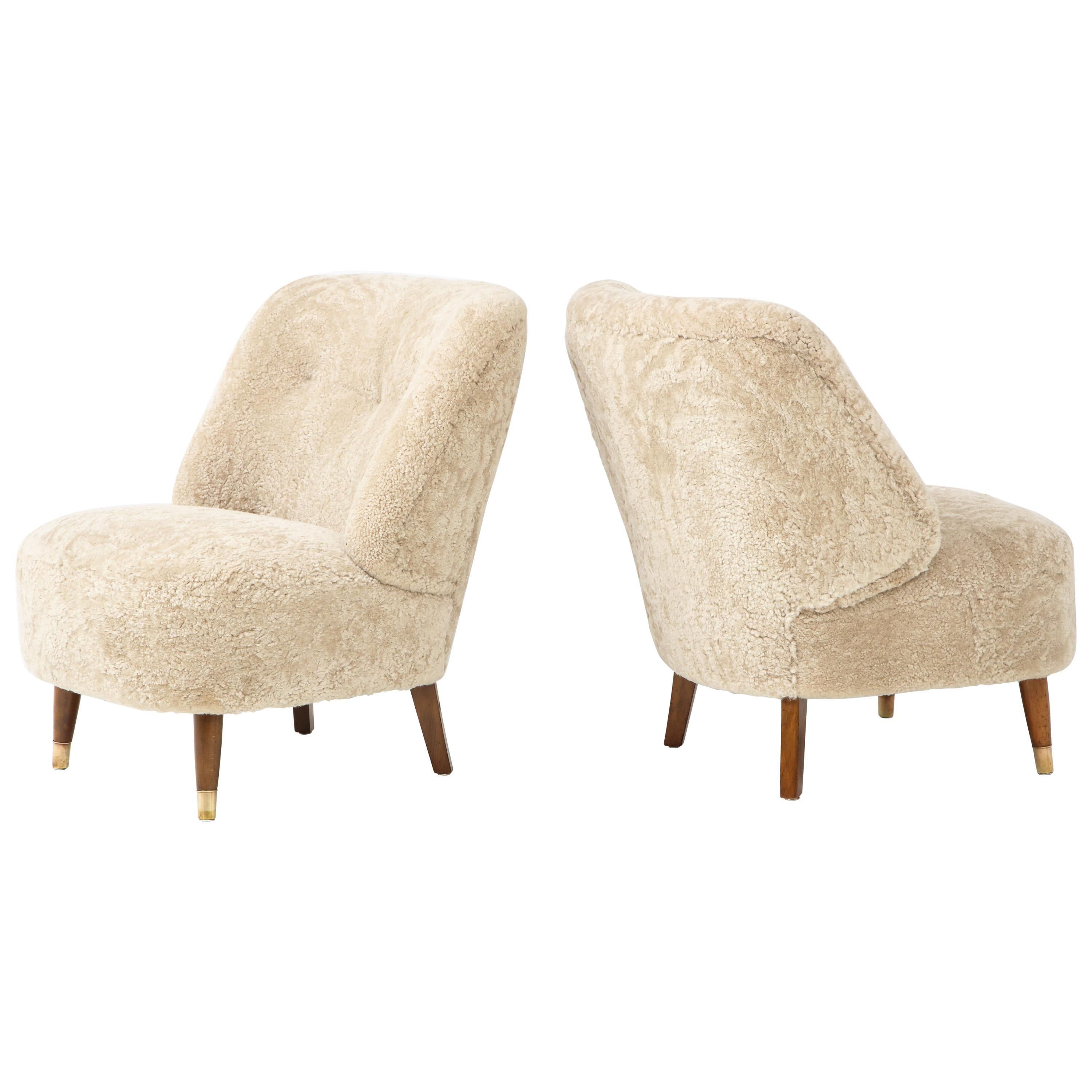 Pair of Danish Design Sheepskin Upholstered Chairs, circa 1930s