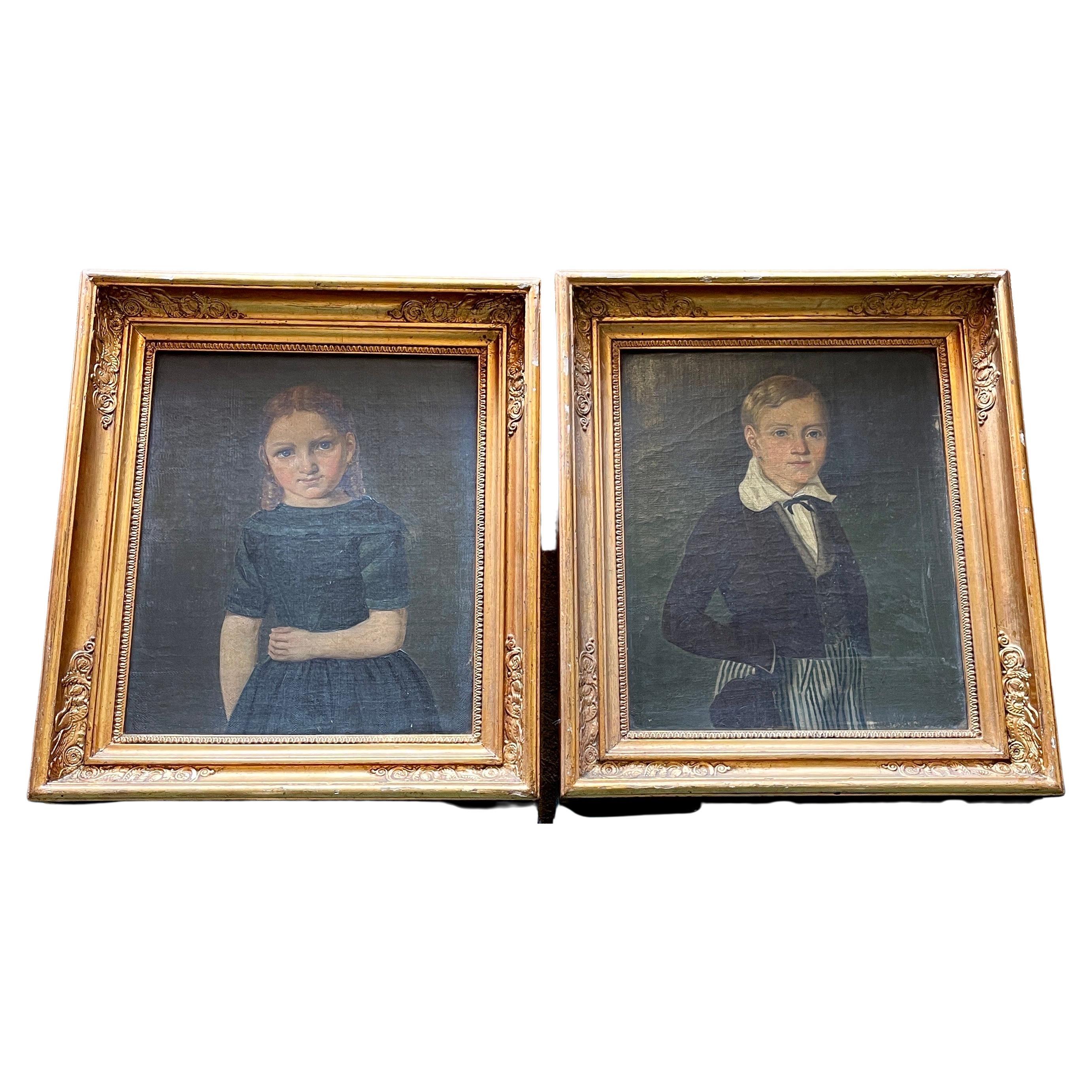Empire Pair of Danish Early 19th Century Children’s Portraits Oil on Canvas For Sale