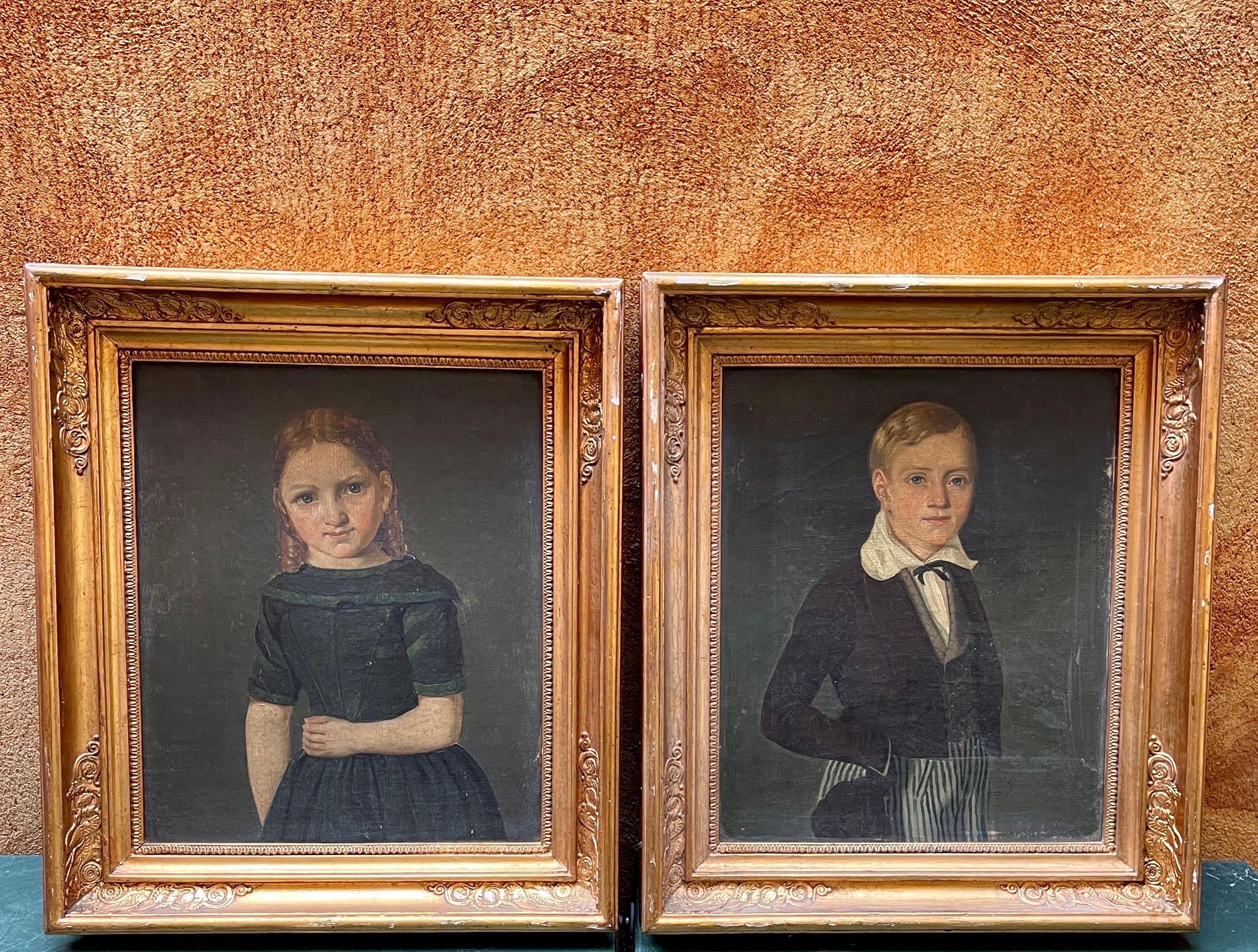 Doré Paire de portraits d'enfants danois du début du 19e siècle Huile sur toile en vente
