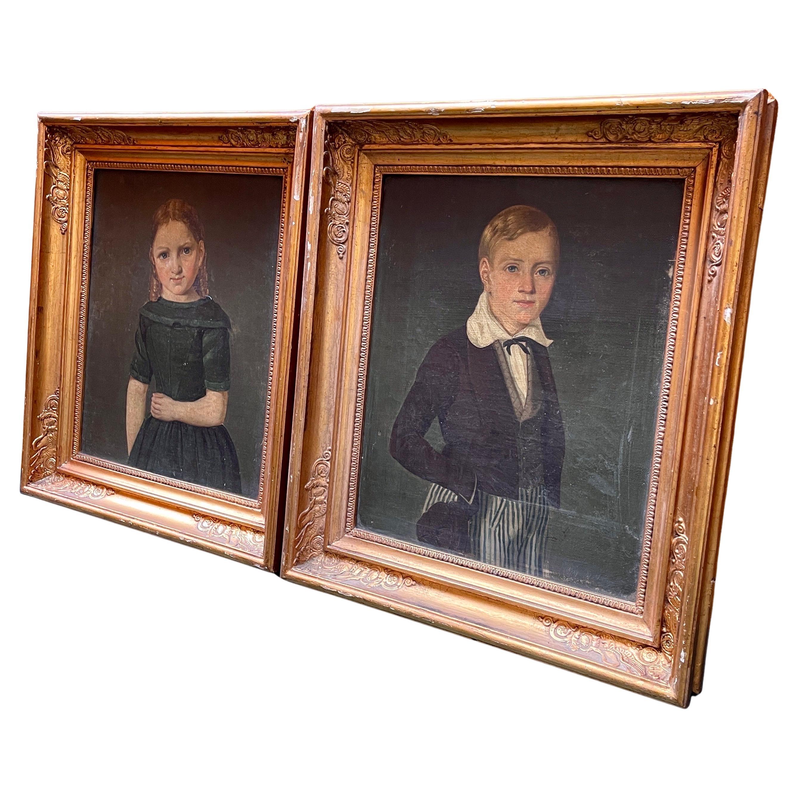 Pair of Danish Early 19th Century Children’s Portraits Oil on Canvas For Sale