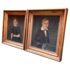 Pair of Danish Early 19th Century Children’s Portraits Oil on Canvas