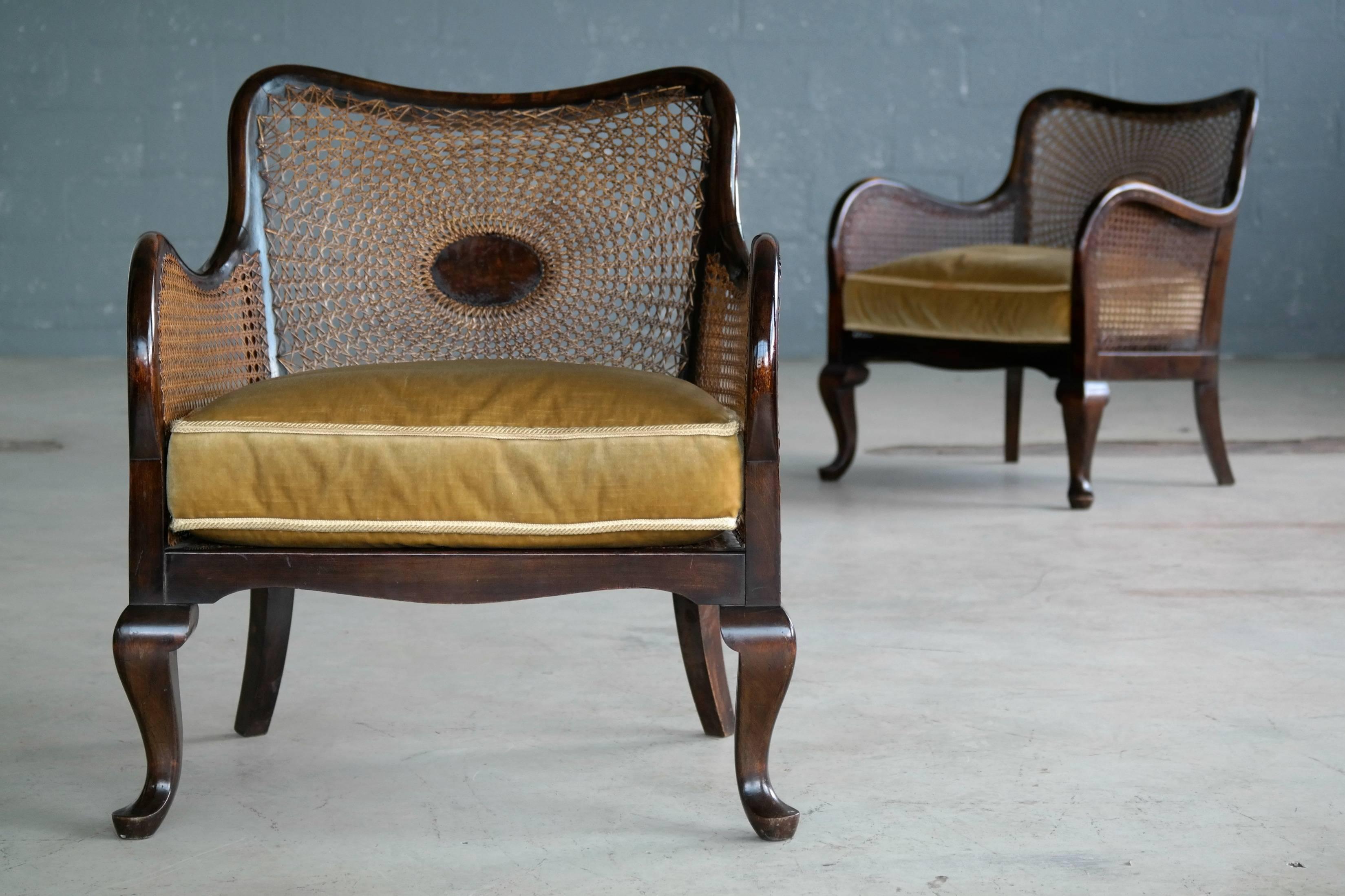 Art Nouveau Pair of Danish Early 20th Century Caned Library Bergère Chair in Stained Birch