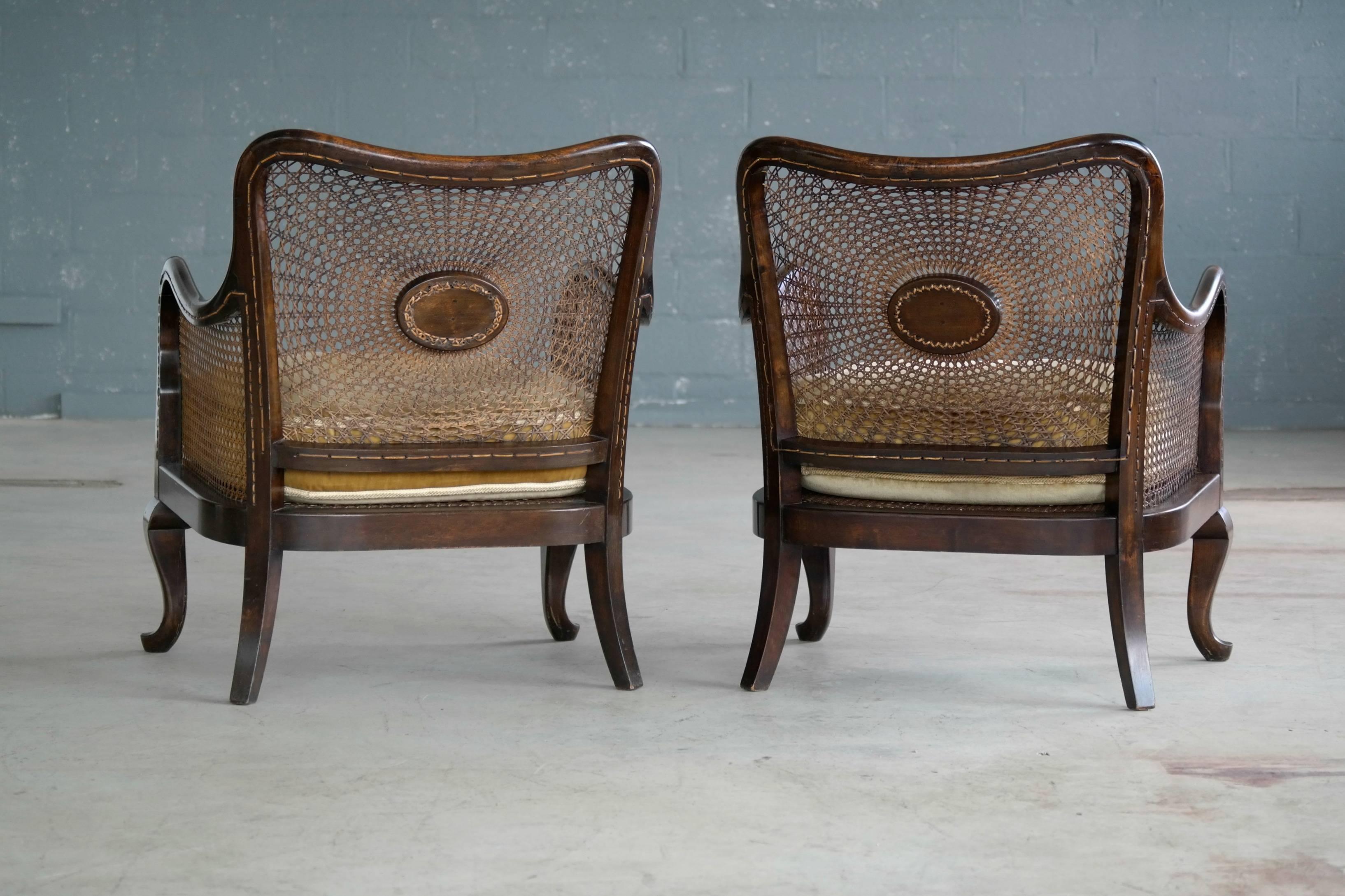 Pair of Danish Early 20th Century Caned Library Bergère Chair in Stained Birch 2