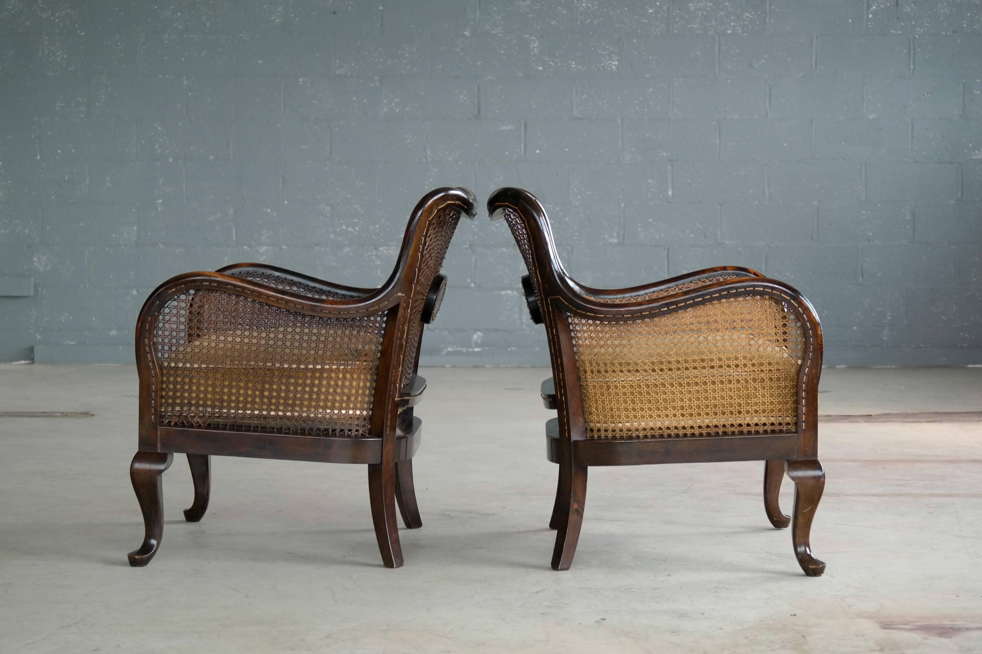 Pair of Danish Early 20th Century Caned Library Bergère Chair in Stained Birch 4