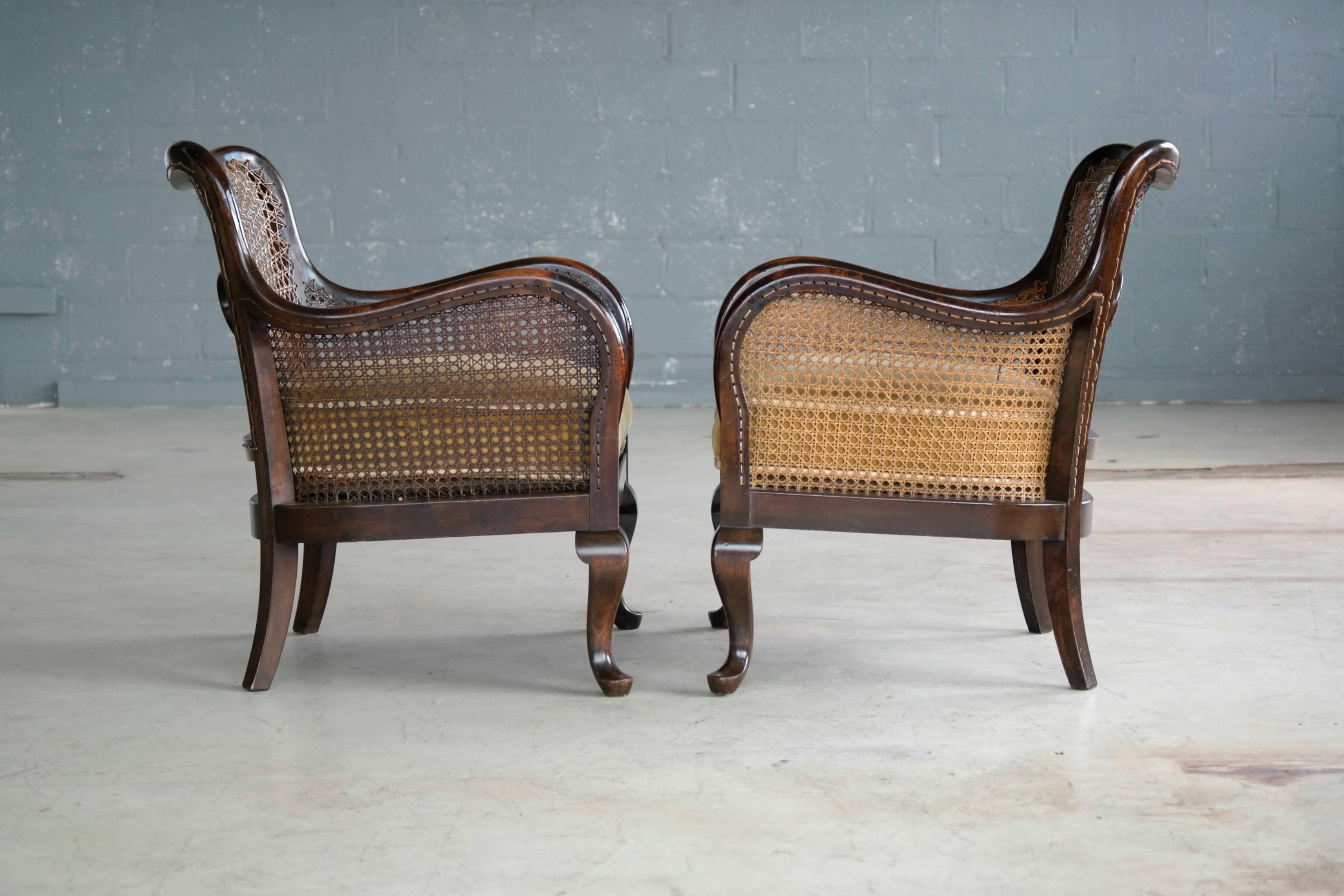 Pair of Danish Early 20th Century Caned Library Bergère Chair in Stained Birch 5