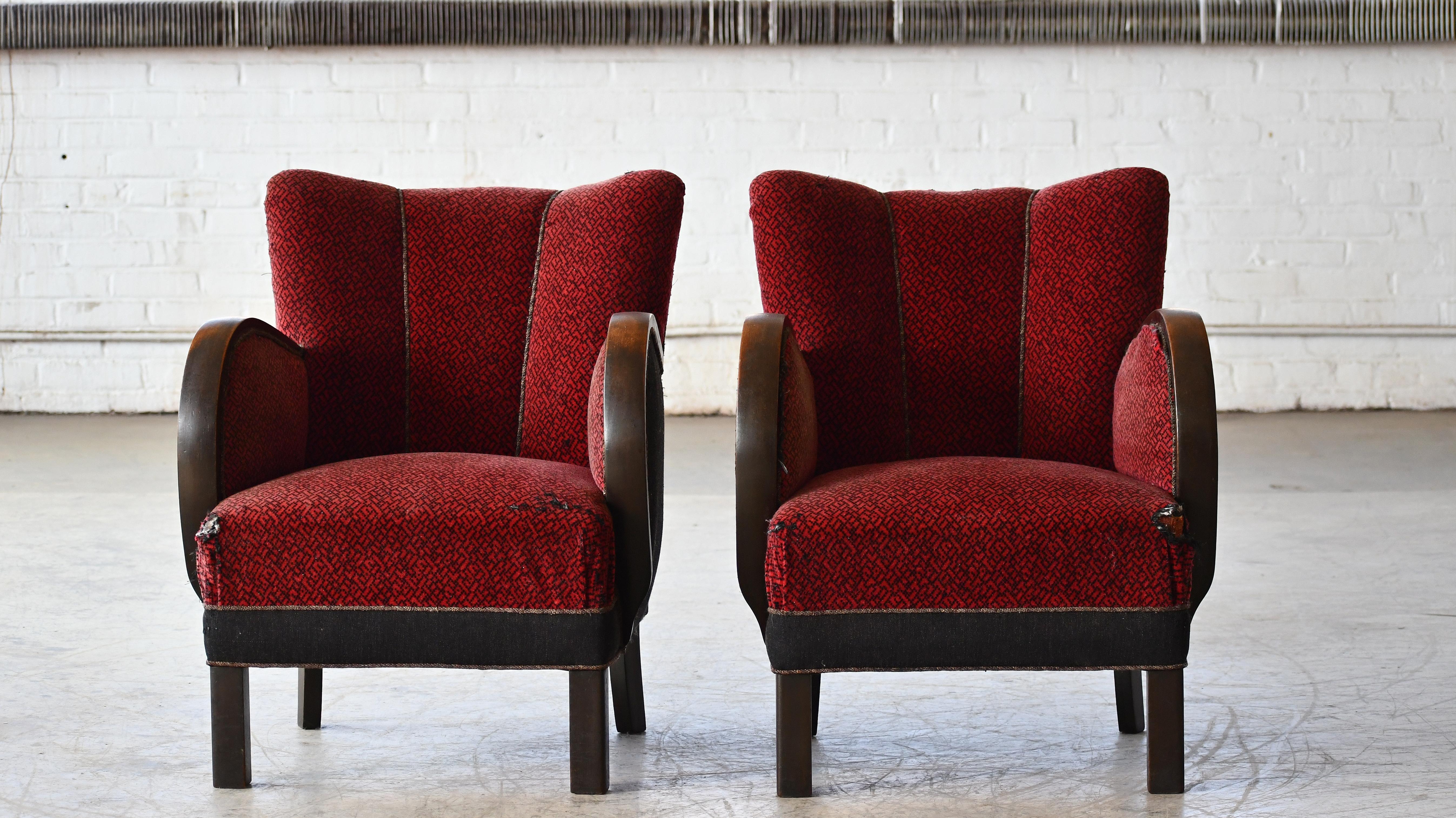 Mid-20th Century Pair of Danish Early Midcentury or Art Deco Low Lounge Chairs 1930-40s For Sale