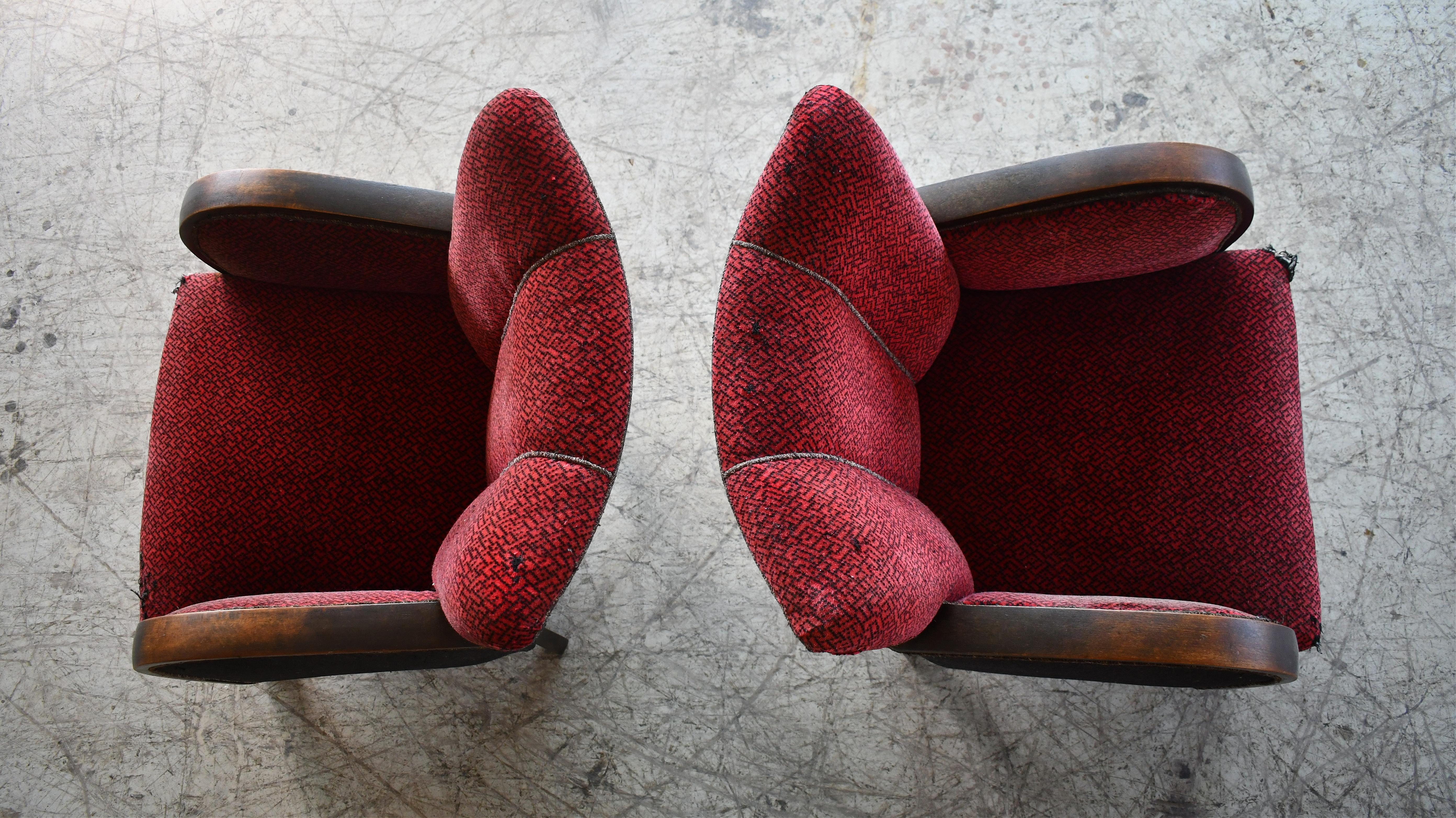 Mahogany Pair of Danish Early Midcentury or Art Deco Low Lounge Chairs 1930-40s For Sale