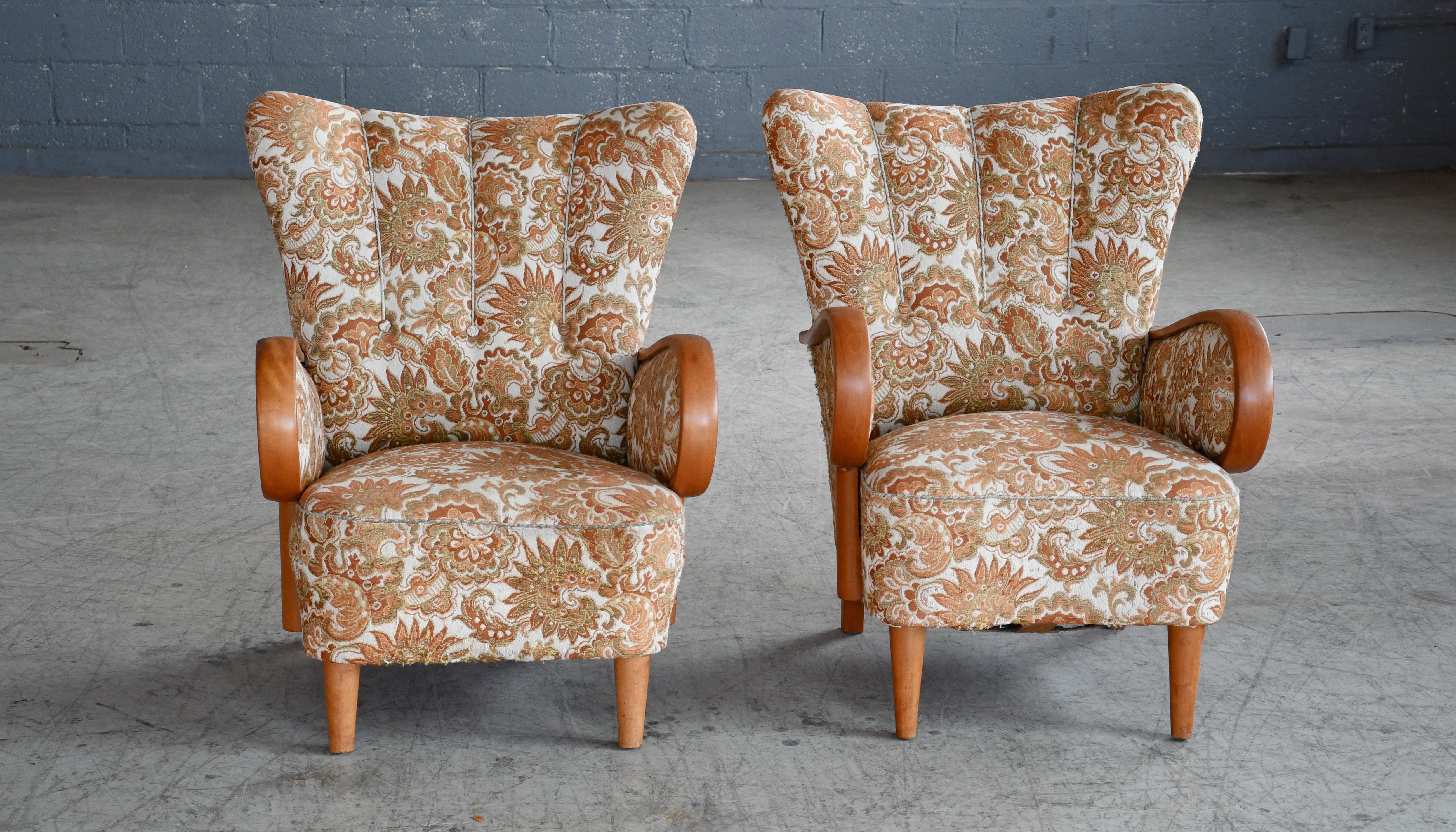 Chêne Paire de chaises longues basses danoises du début du siècle dernier ou Art déco 1930-40s V en vente
