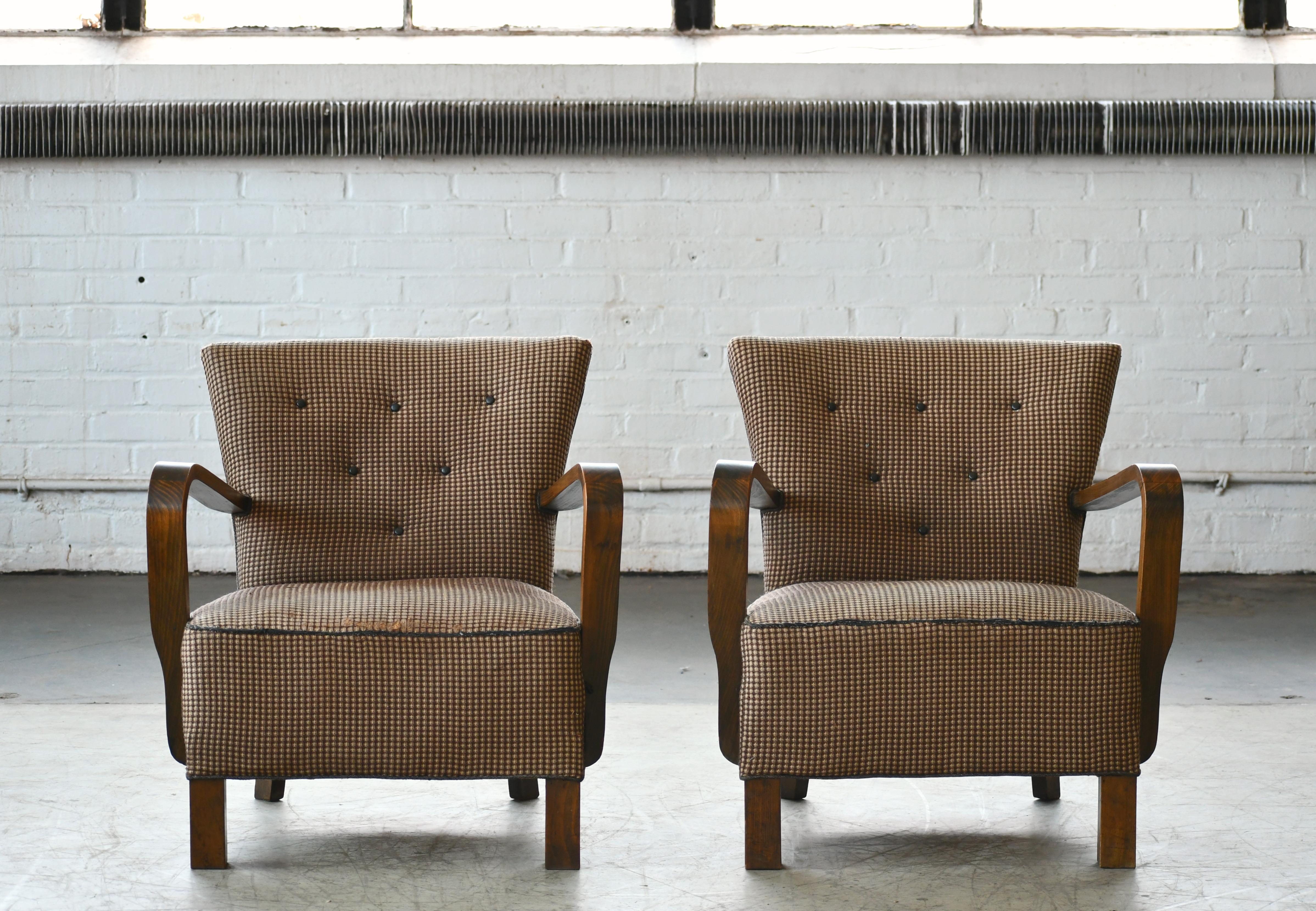 Mid-Century Modern Pair of Danish Early Midcentury or Art Deco Low Lounge Chairs in Mahogany, 1940s