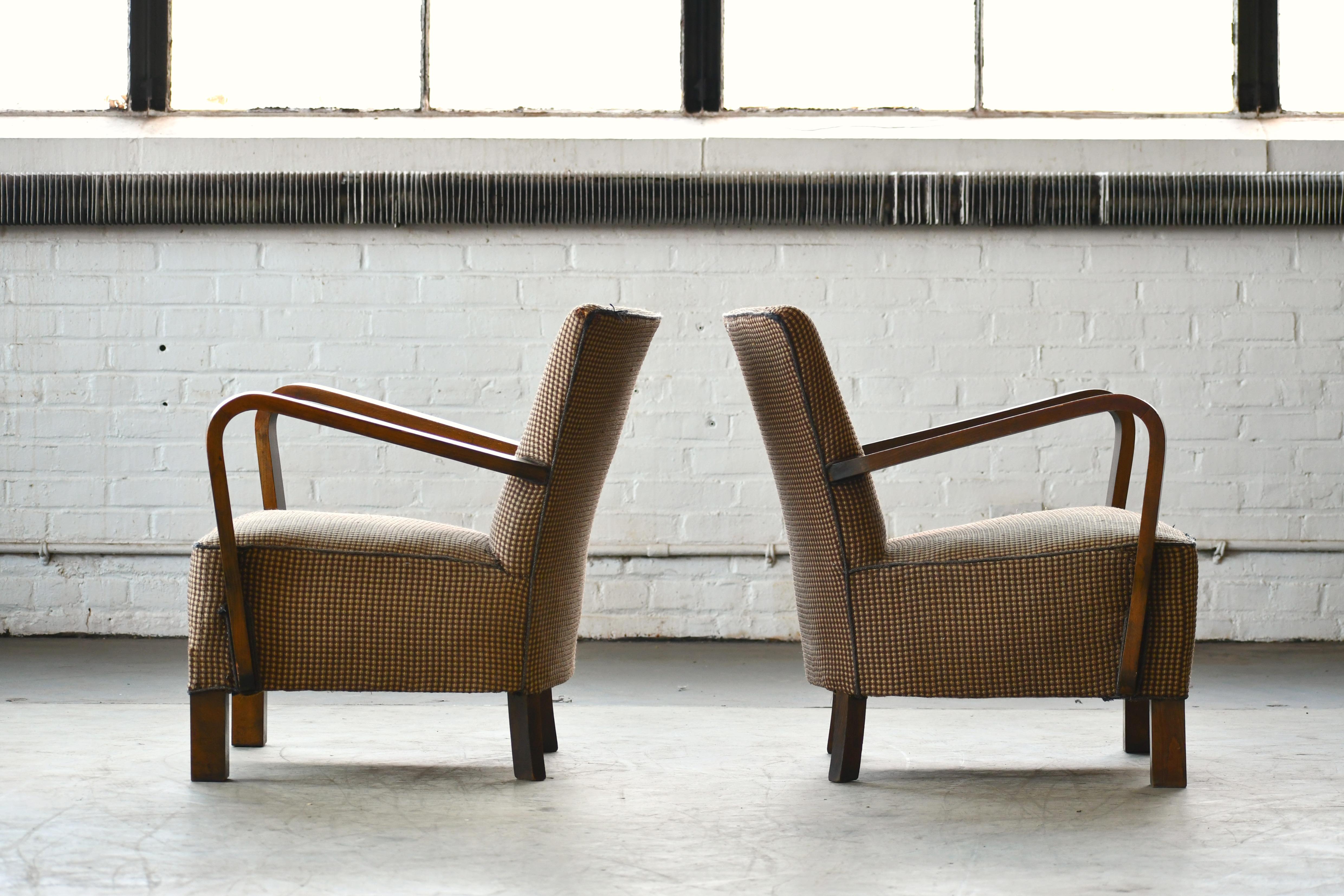 Pair of Danish Early Midcentury or Art Deco Low Lounge Chairs in Mahogany, 1940s 5
