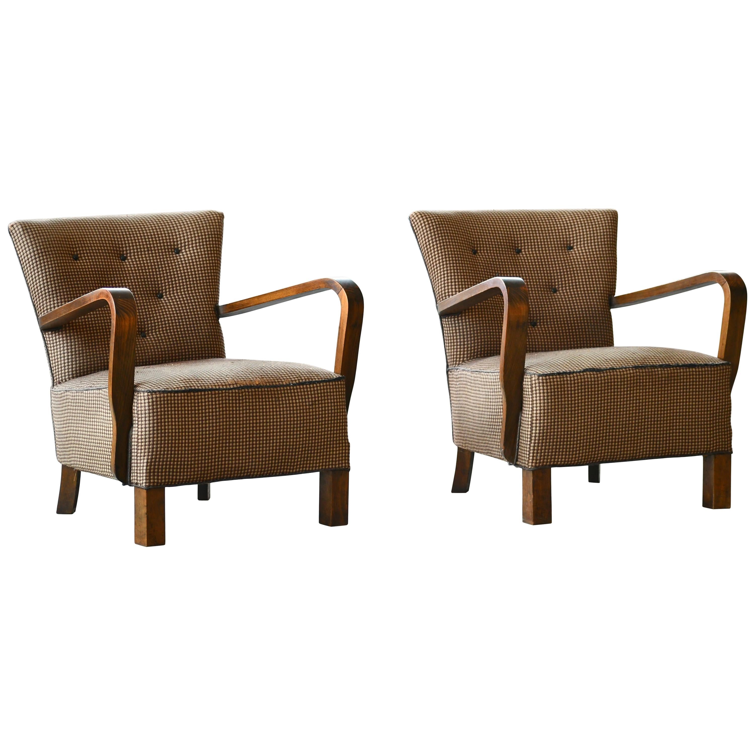 Pair of Danish Early Midcentury or Art Deco Low Lounge Chairs in Mahogany, 1940s