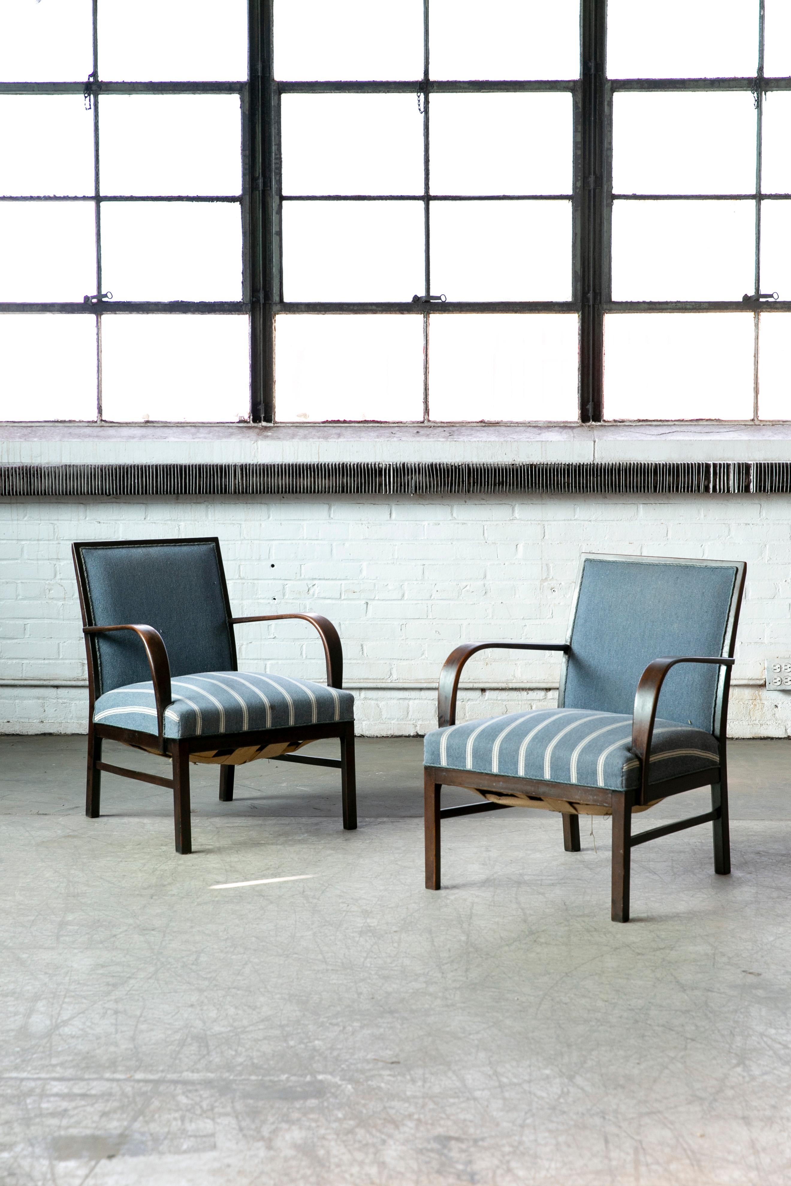 Mid-Century Modern Pair of Danish Early Midcentury or Art Deco Low Lounge Chairs Mahagony, 1940's