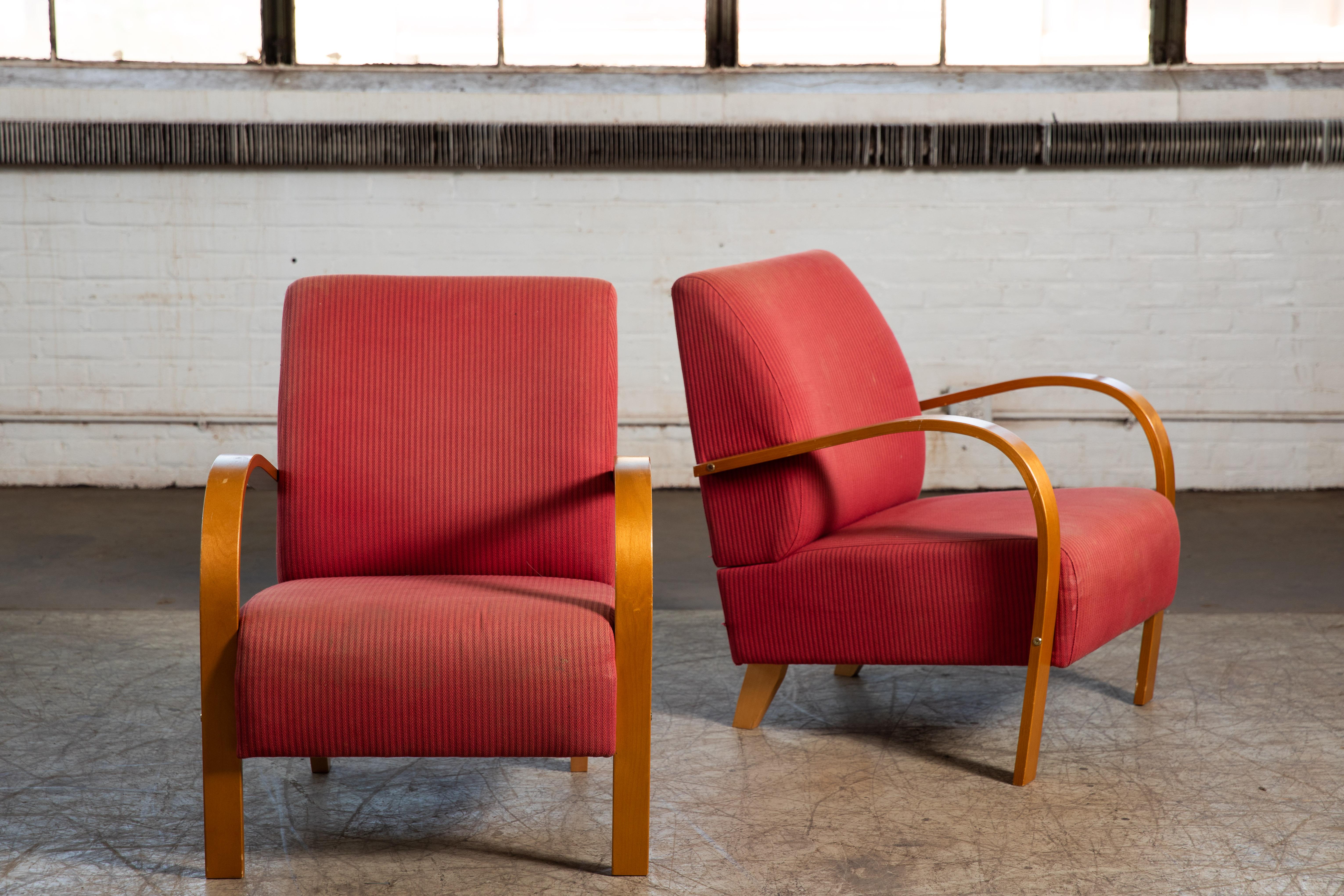 Mid-Century Modern Pair of Danish Early Midcentury or Art Deco Style Low Lounge Chairs 