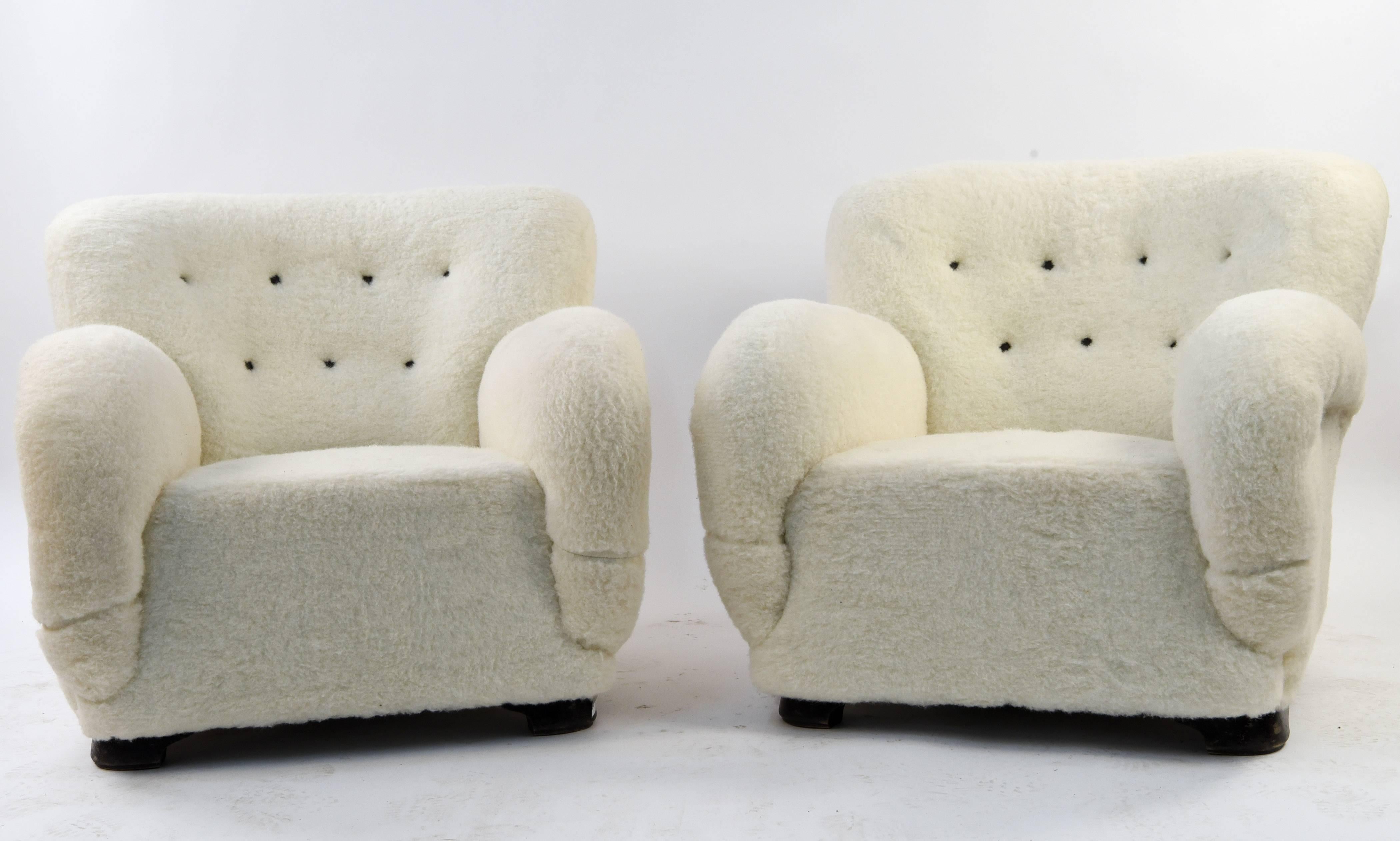 Mid-Century Modern Pair of Danish Easy Chairs Upholstered in Lamb's Wool