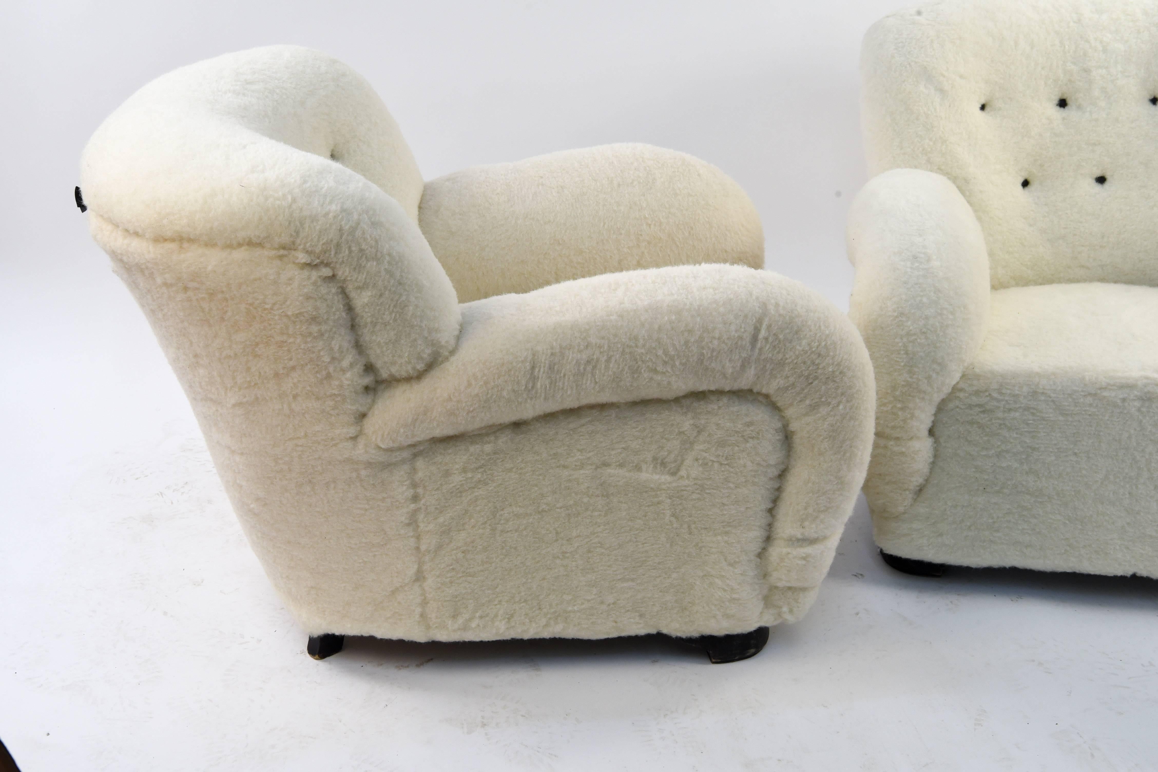 Mid-20th Century Pair of Danish Easy Chairs Upholstered in Lamb's Wool
