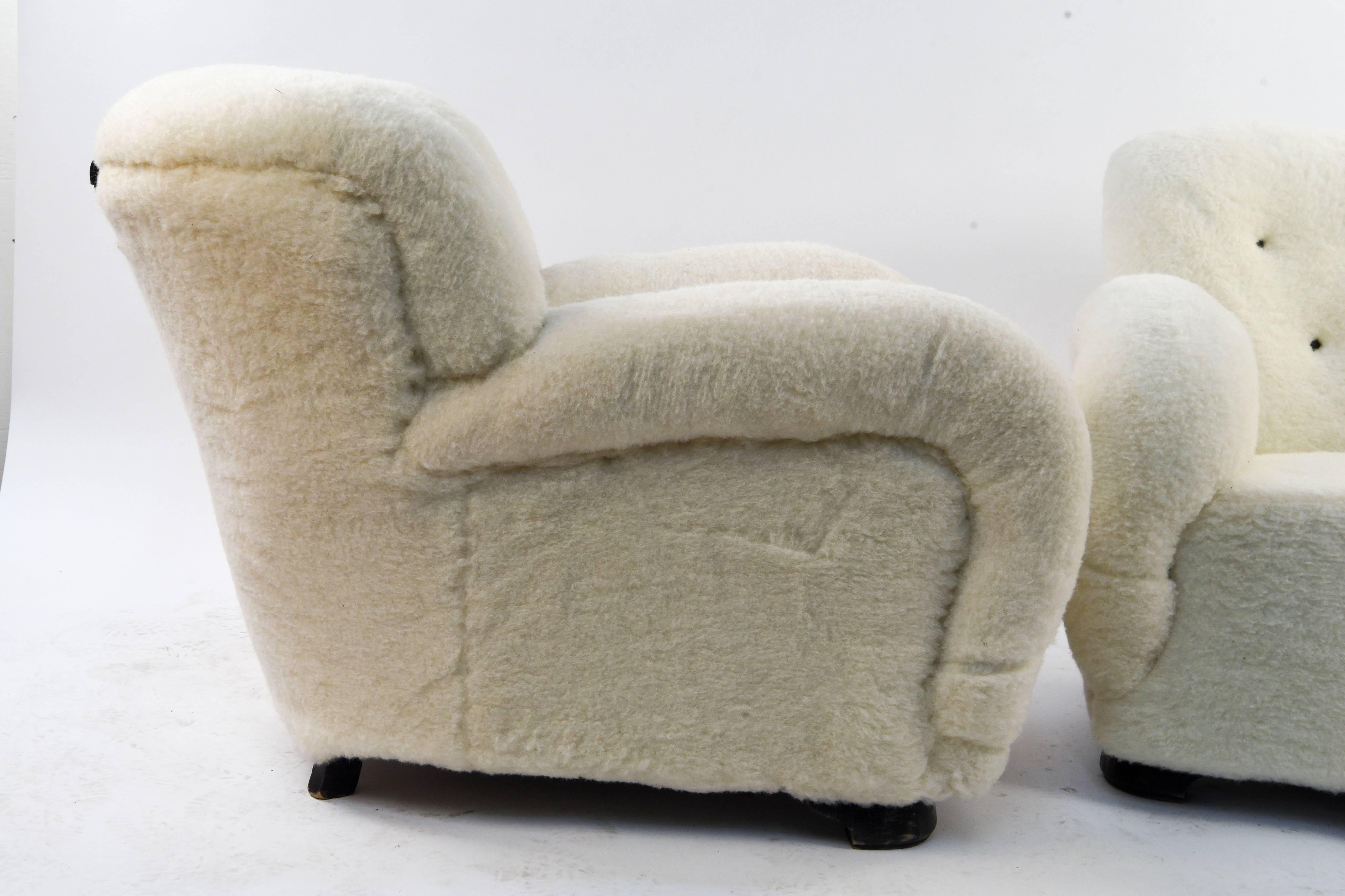 Pair of Danish Easy Chairs Upholstered in Lamb's Wool 1