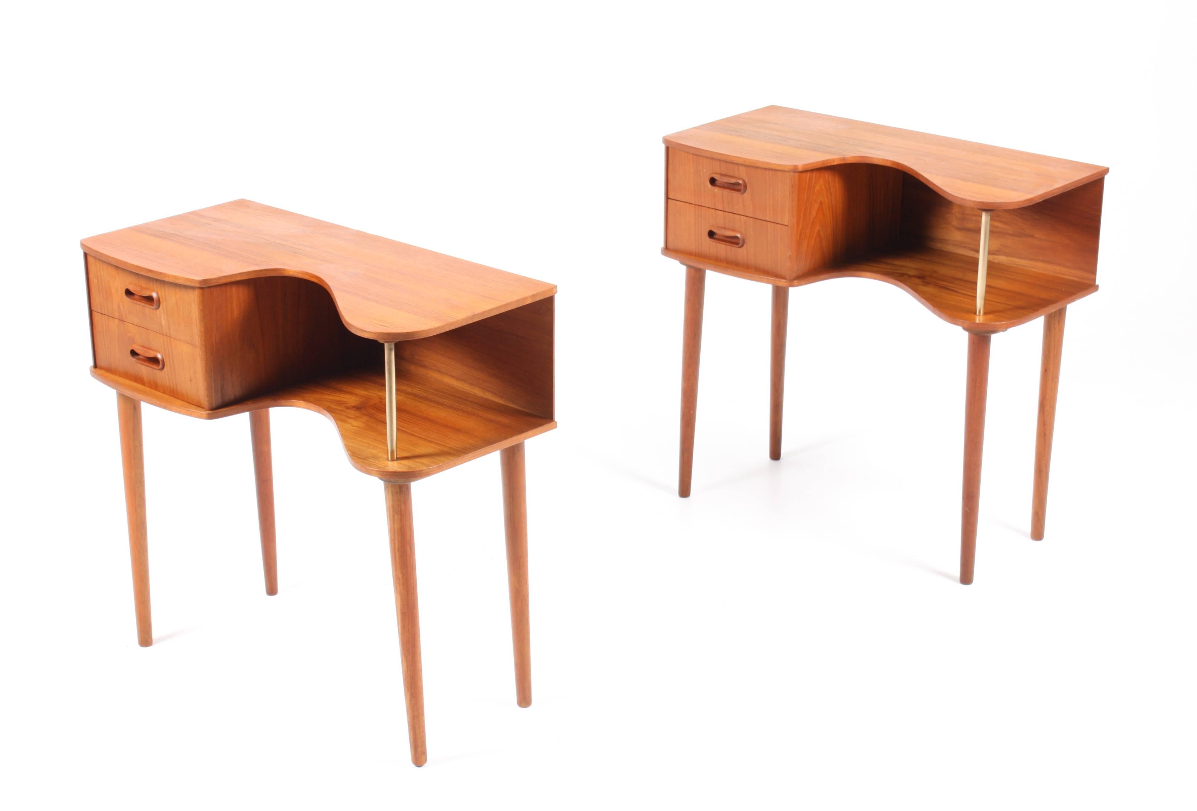 Pair of end tables in teak. Designed by Kai Kristiansen M.A.A. for FM Furniture. Made in Denmark in the 1950s. Great original condition.