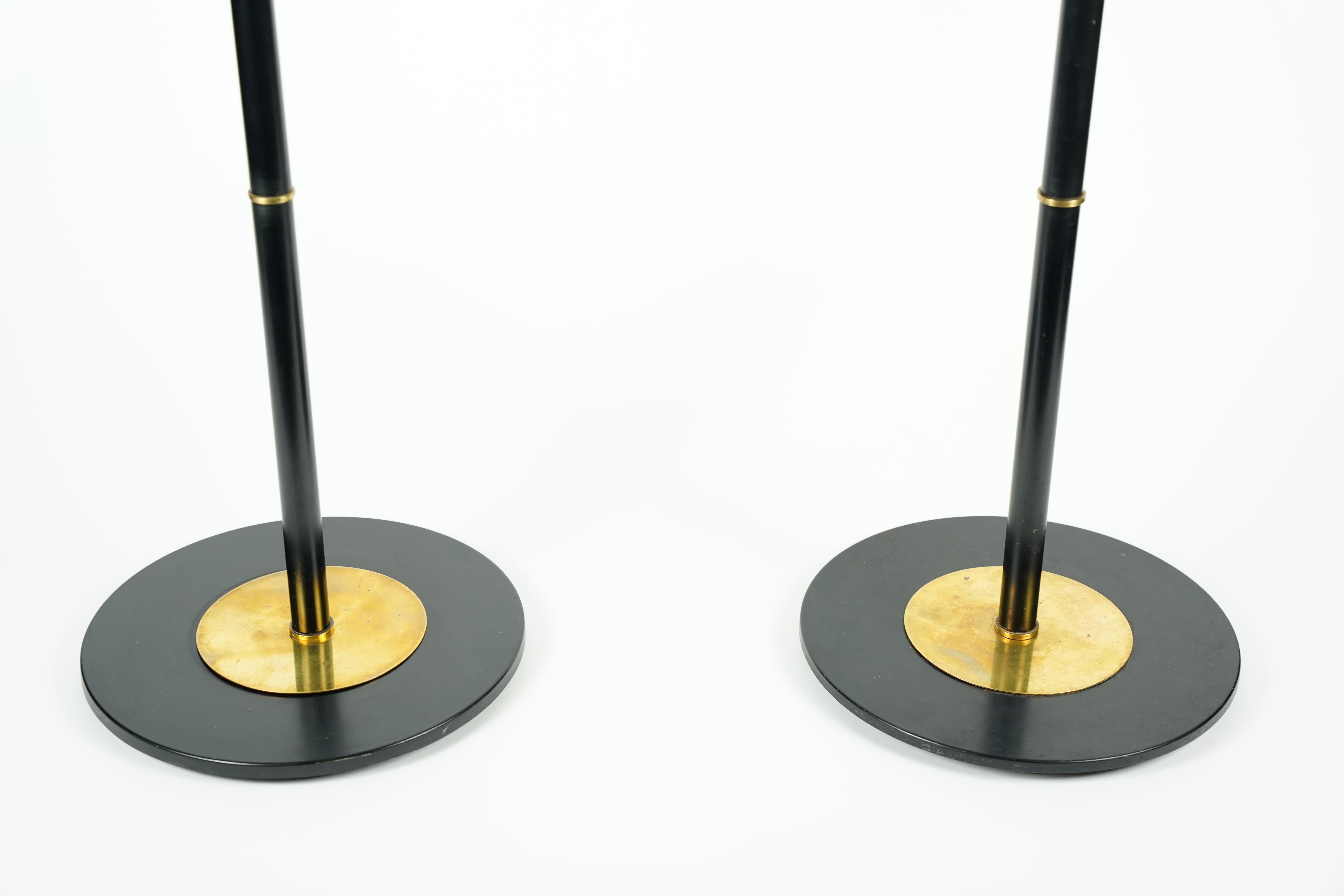 Pair of Danish Floor Lamps, black lacquered with brass details, Denmark 1960 In Good Condition For Sale In Bronx, NY