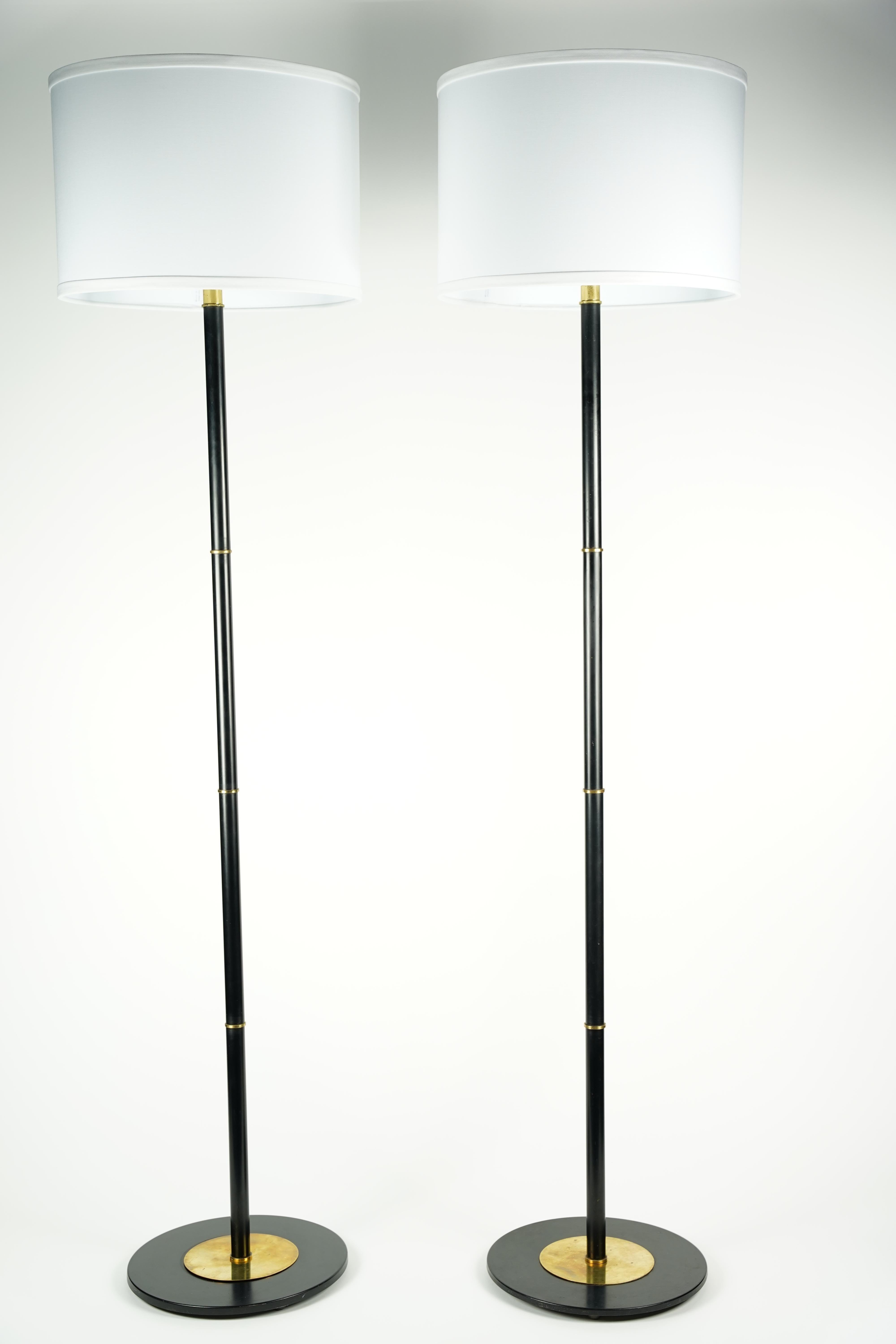 Iron Pair of Danish Floor Lamps, black lacquered with brass details, Denmark 1960 For Sale