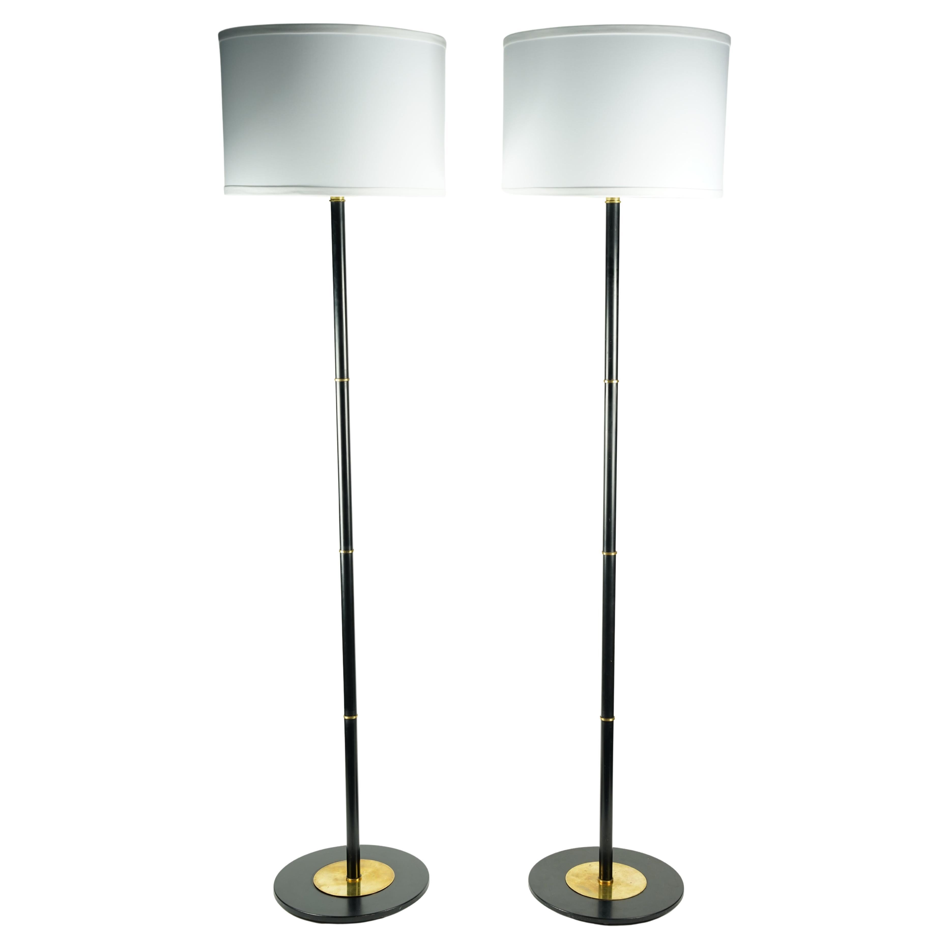 Pair of Danish Floor Lamps, black lacquered with brass details, Denmark 1960 For Sale