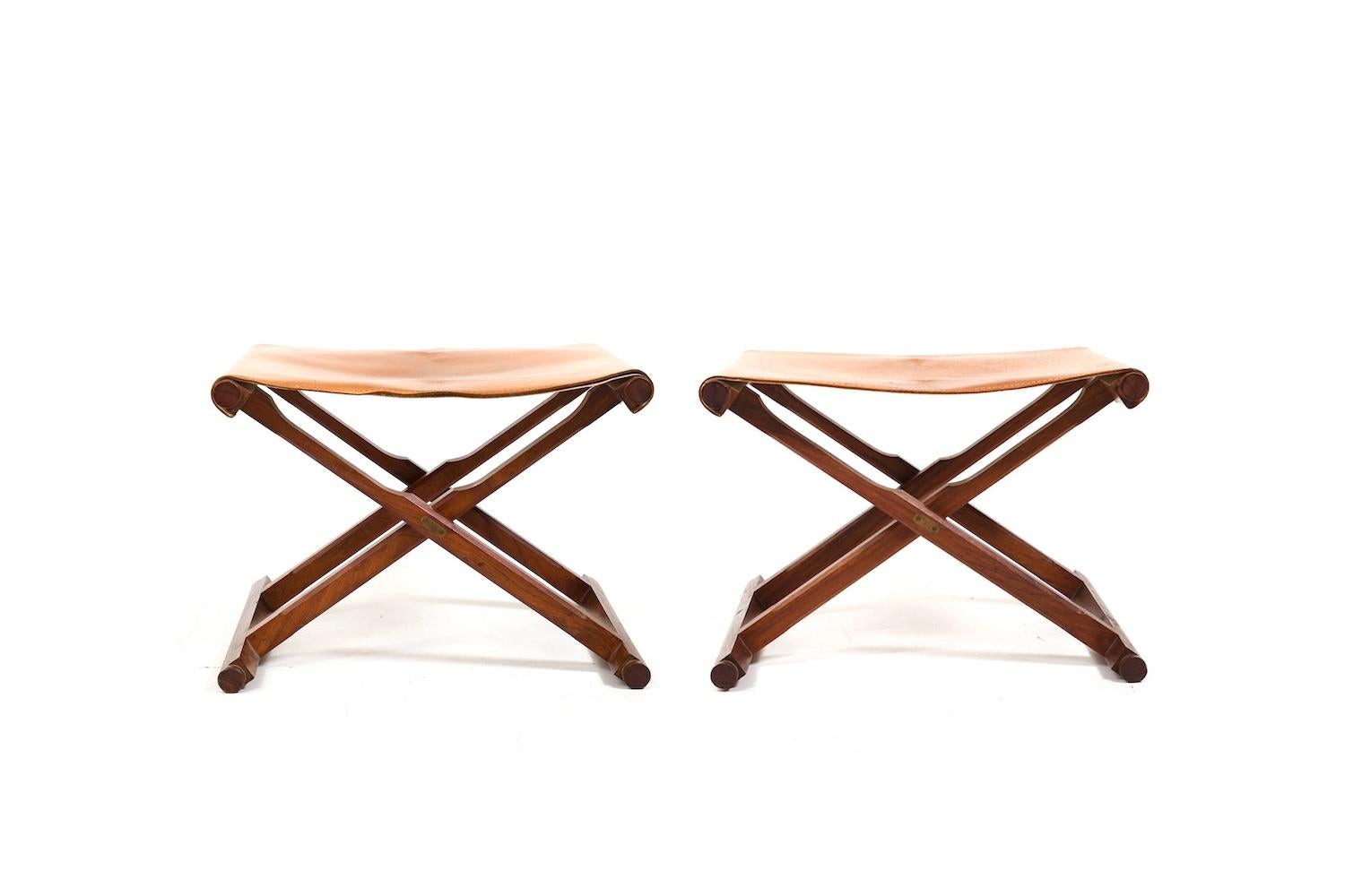 Scandinavian Modern Pair of  Danish Folding Stools in Teak and Leather 1960s For Sale