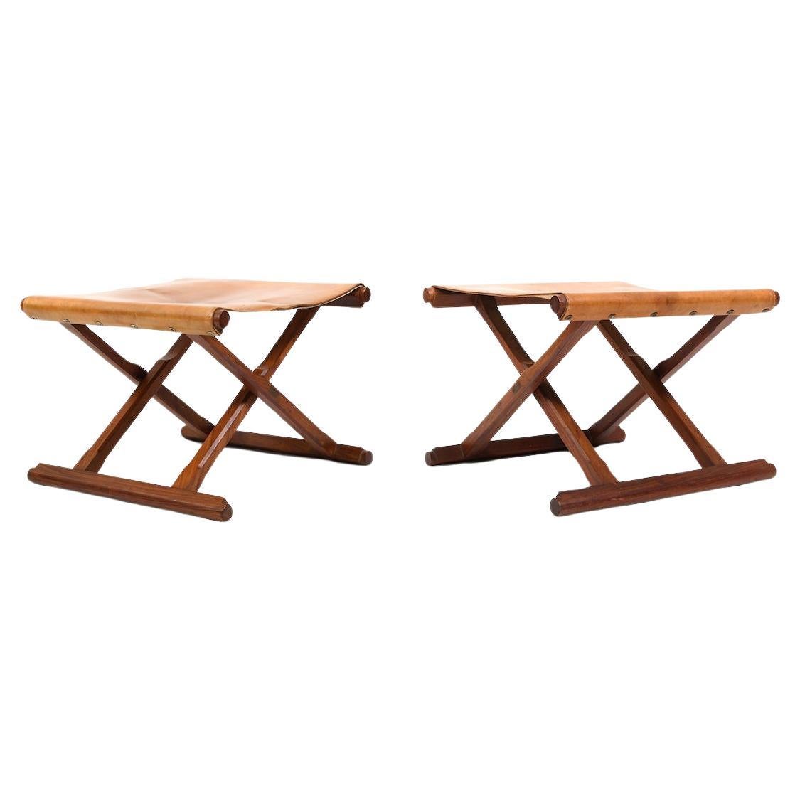Pair of  Danish Folding Stools in Teak and Leather 1960s For Sale