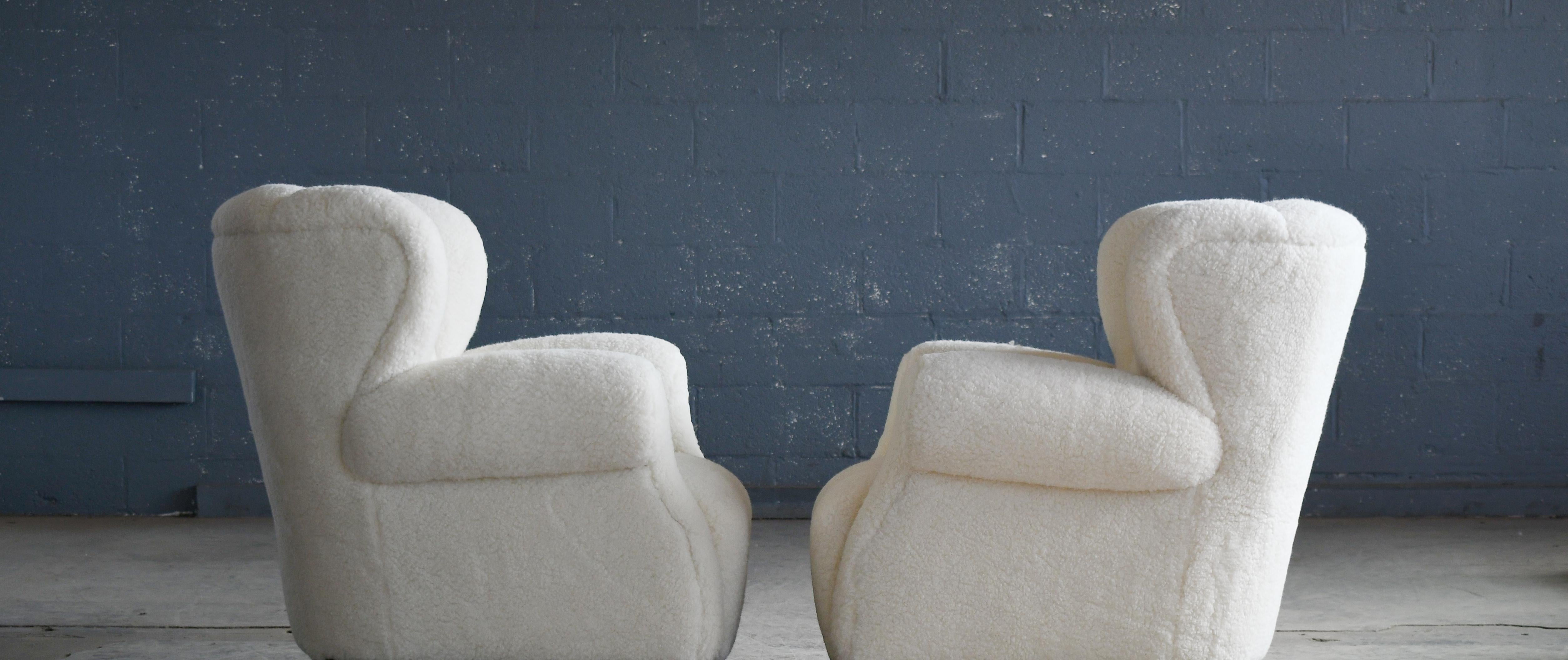 Wool Pair of Danish Fritz Hansen Large Channel Back Club Chair in Lambswool, 1940's