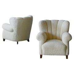 Pair of Danish Fritz Hansen Large Channel Back Club Chair in Lambswool, 1940's