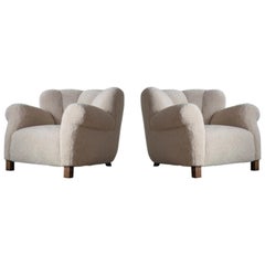 Pair of Danish Fritz Hansen Model 1518 Large Size Club Chair in Lambswool, 1940s