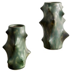Pair of Danish Green Knud Basse Mid Century Thorn Vases by Michael Andersen 1970