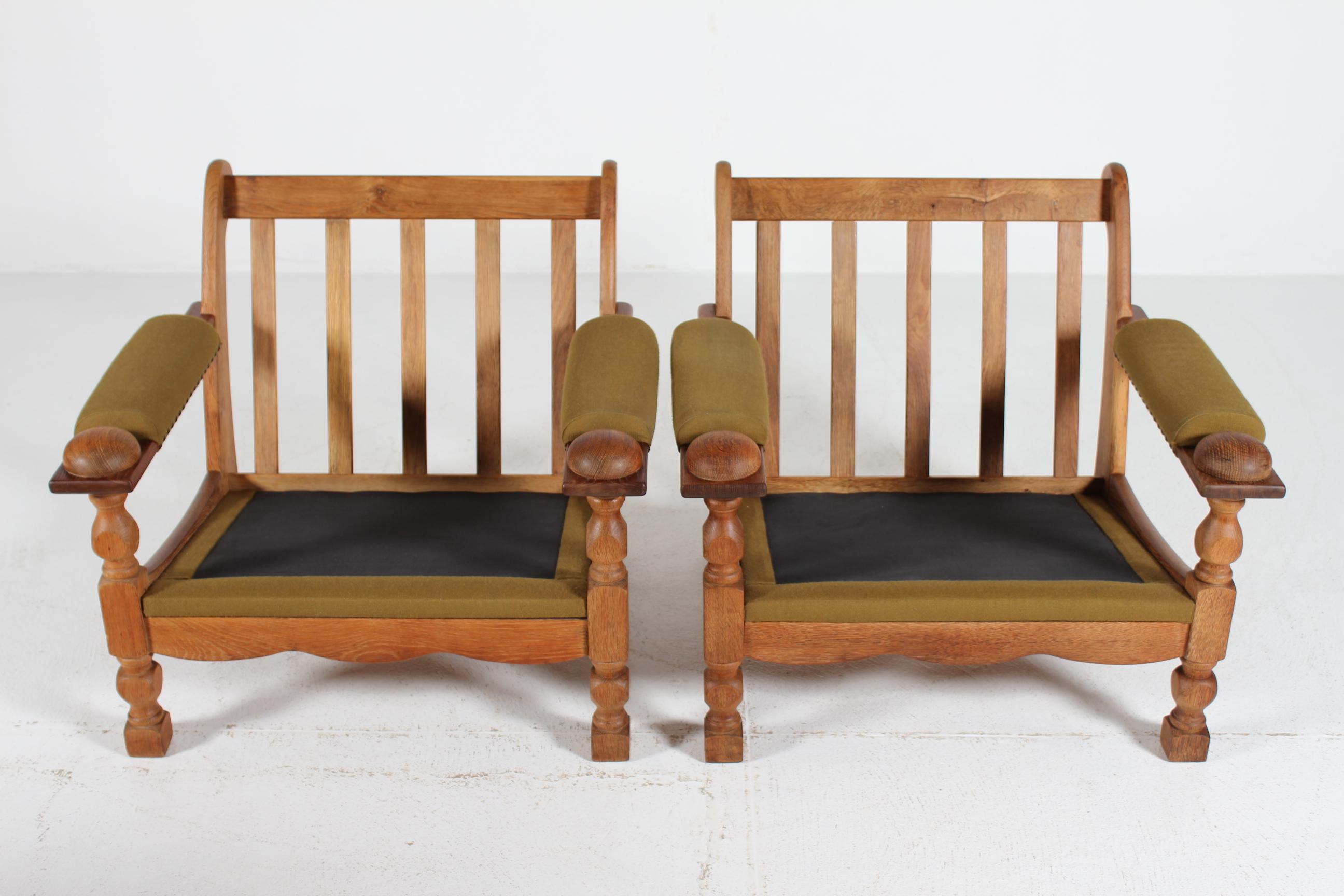 Pair of Danish Henning Kjærnulf Lounge Chairs of Solid Oak + Original Wool 1970s For Sale 6