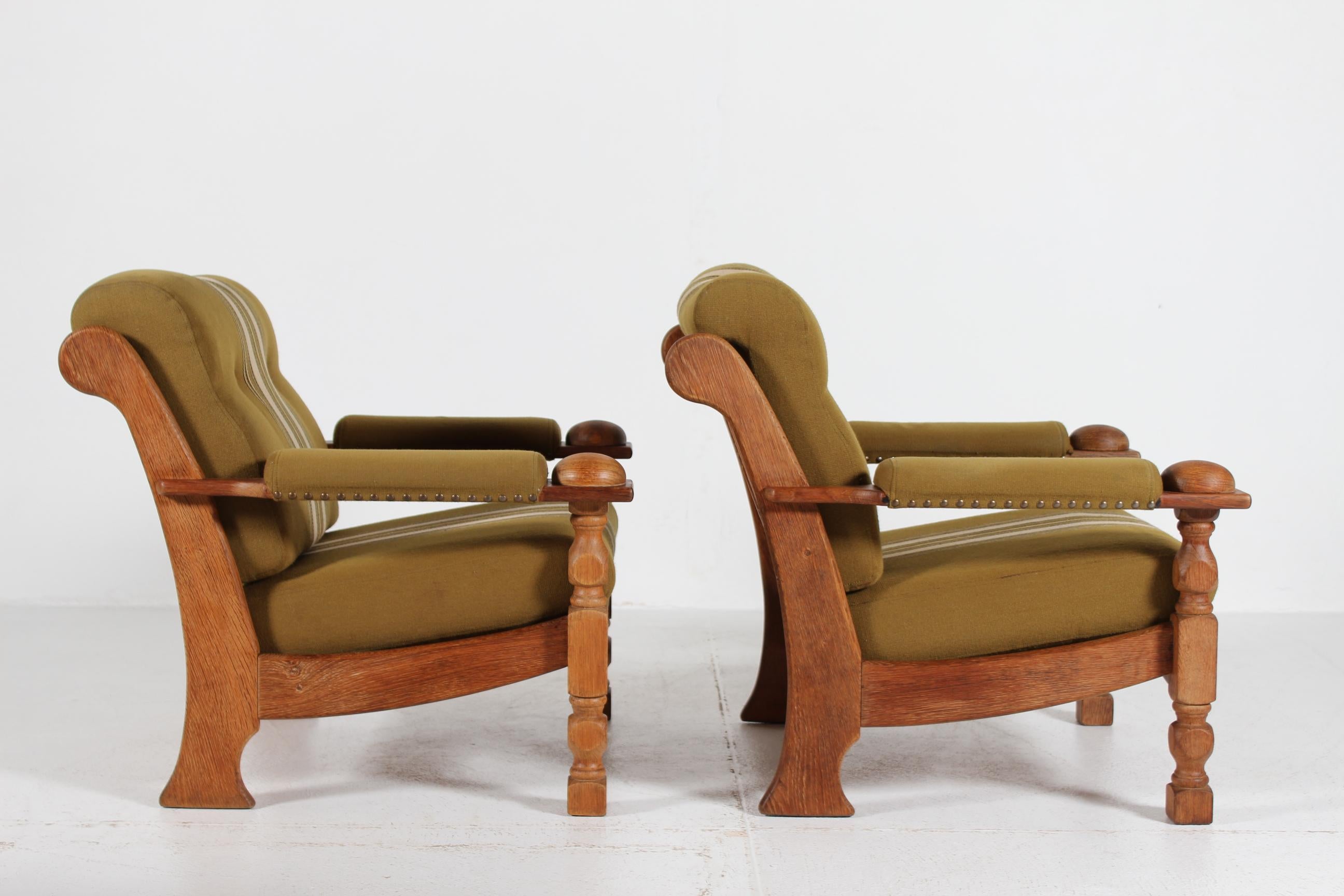 Mid-Century Modern Pair of Danish Henning Kjærnulf Lounge Chairs of Solid Oak + Original Wool 1970s For Sale
