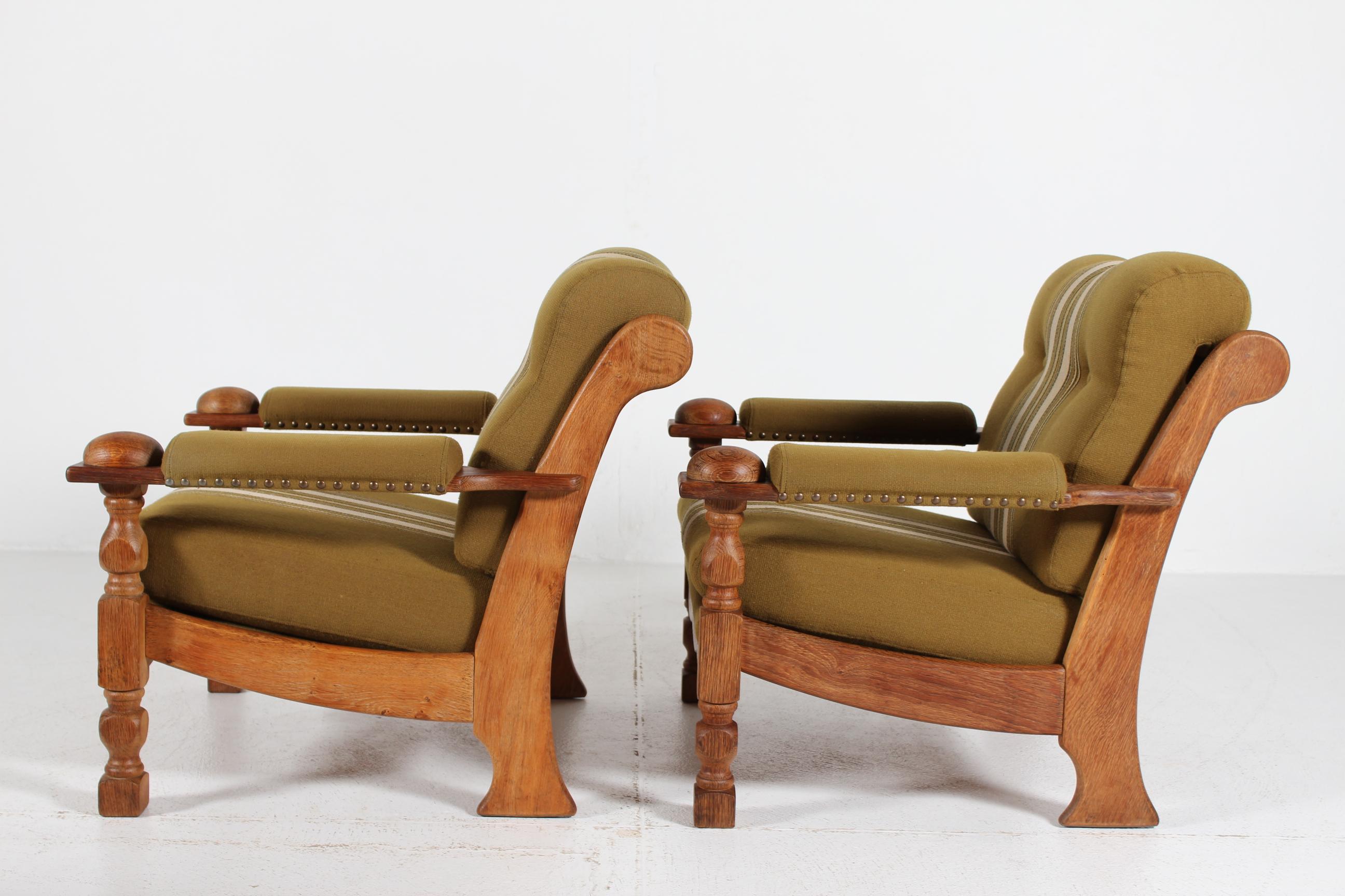 Pair of Danish Henning Kjærnulf Lounge Chairs of Solid Oak + Original Wool 1970s In Good Condition For Sale In Silkeborg, Silkeborg