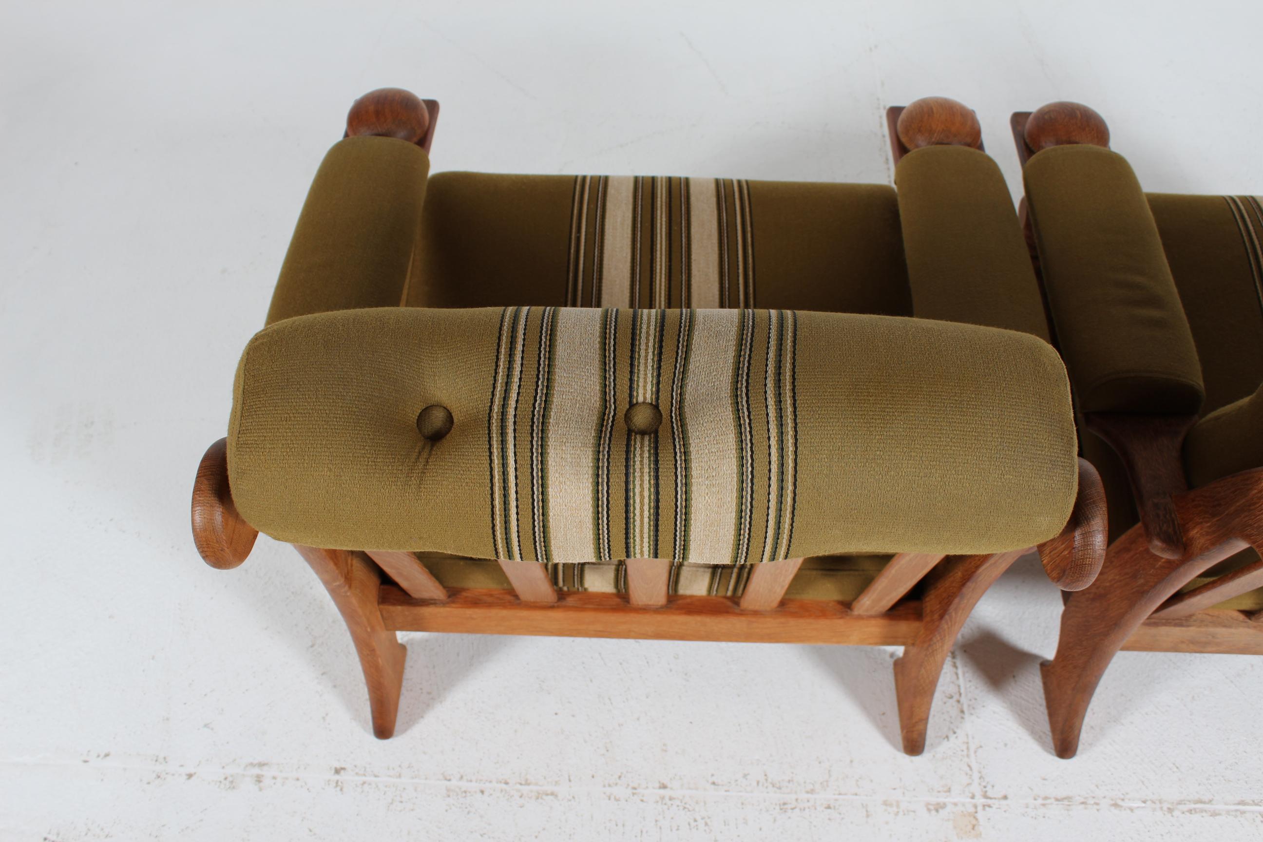 Late 20th Century Pair of Danish Henning Kjærnulf Lounge Chairs of Solid Oak + Original Wool 1970s For Sale