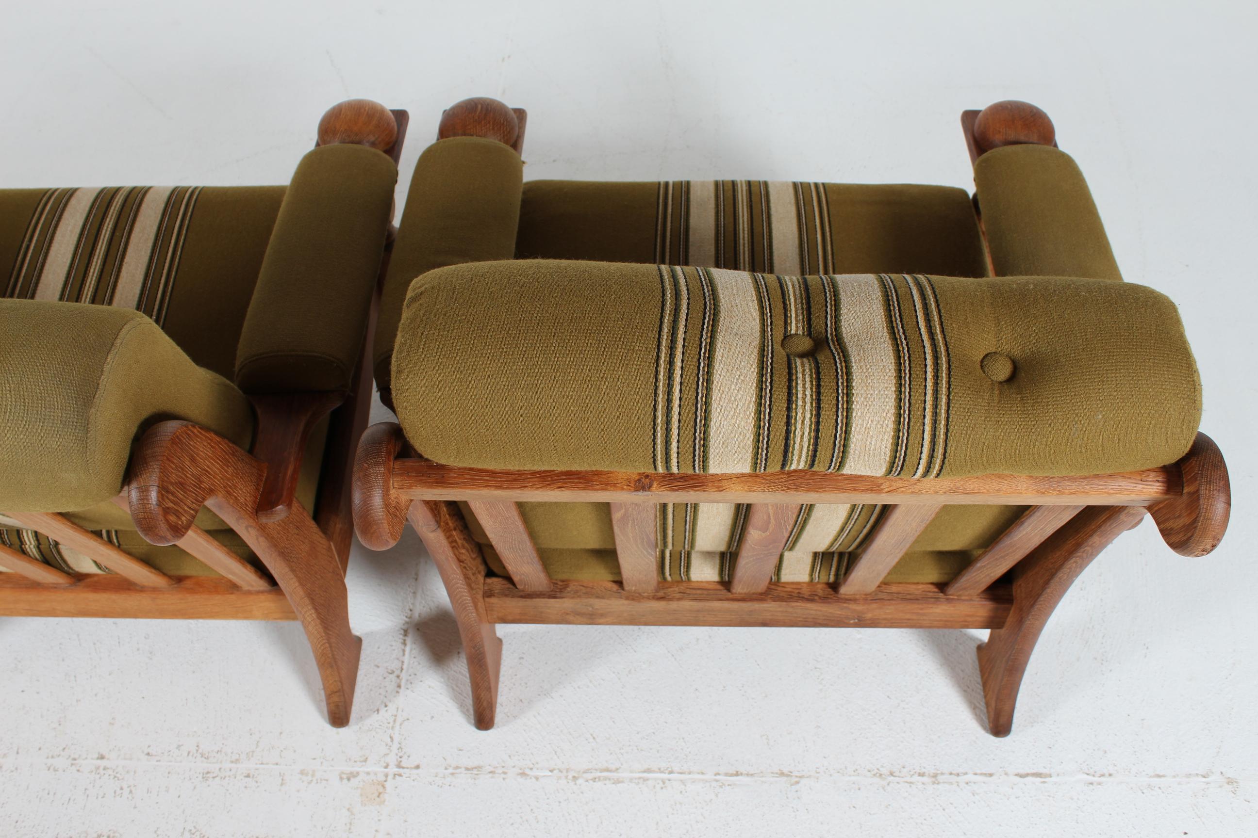 Pair of Danish Henning Kjærnulf Lounge Chairs of Solid Oak + Original Wool 1970s For Sale 1