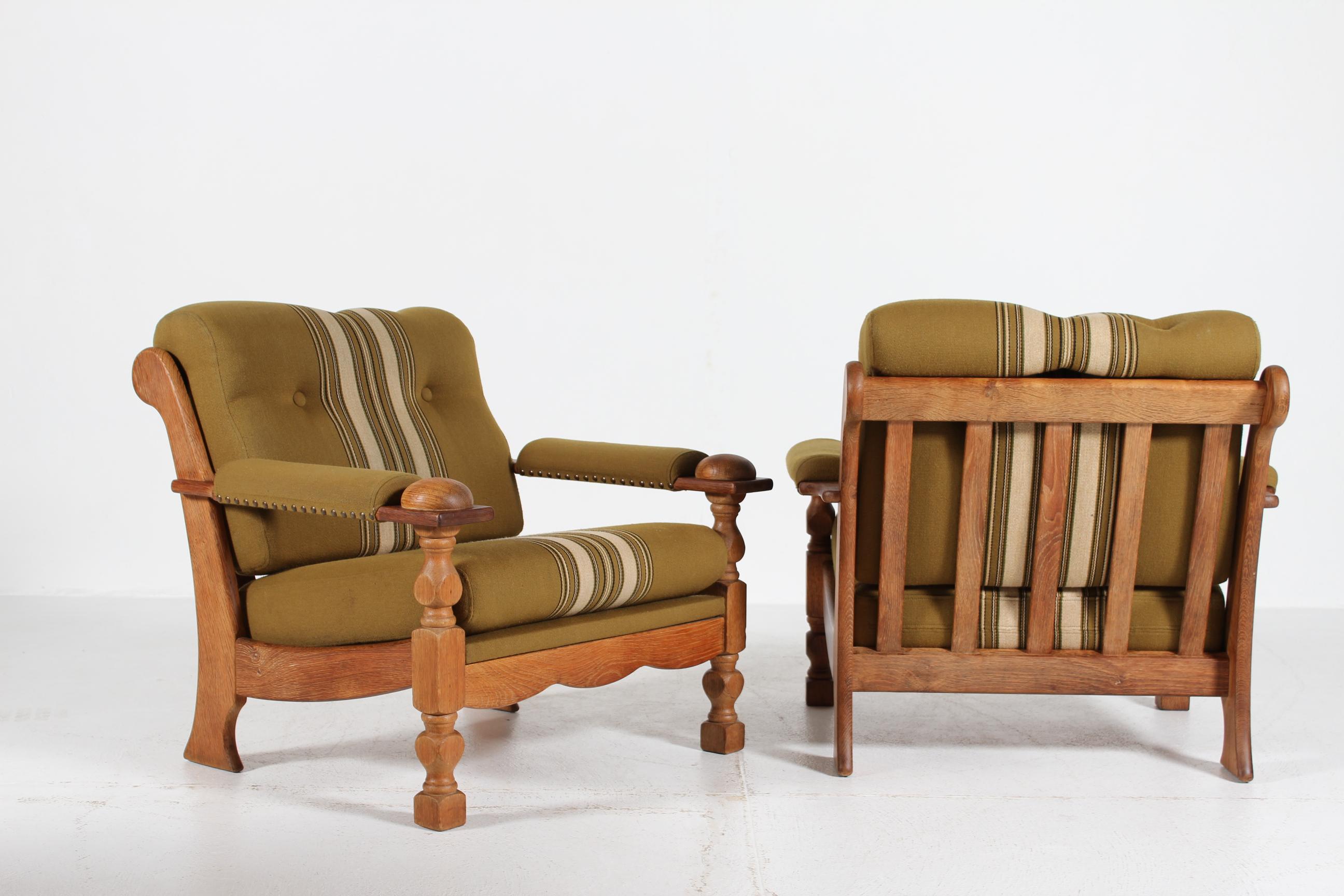 Pair of Danish Henning Kjærnulf Lounge Chairs of Solid Oak + Original Wool 1970s For Sale 2