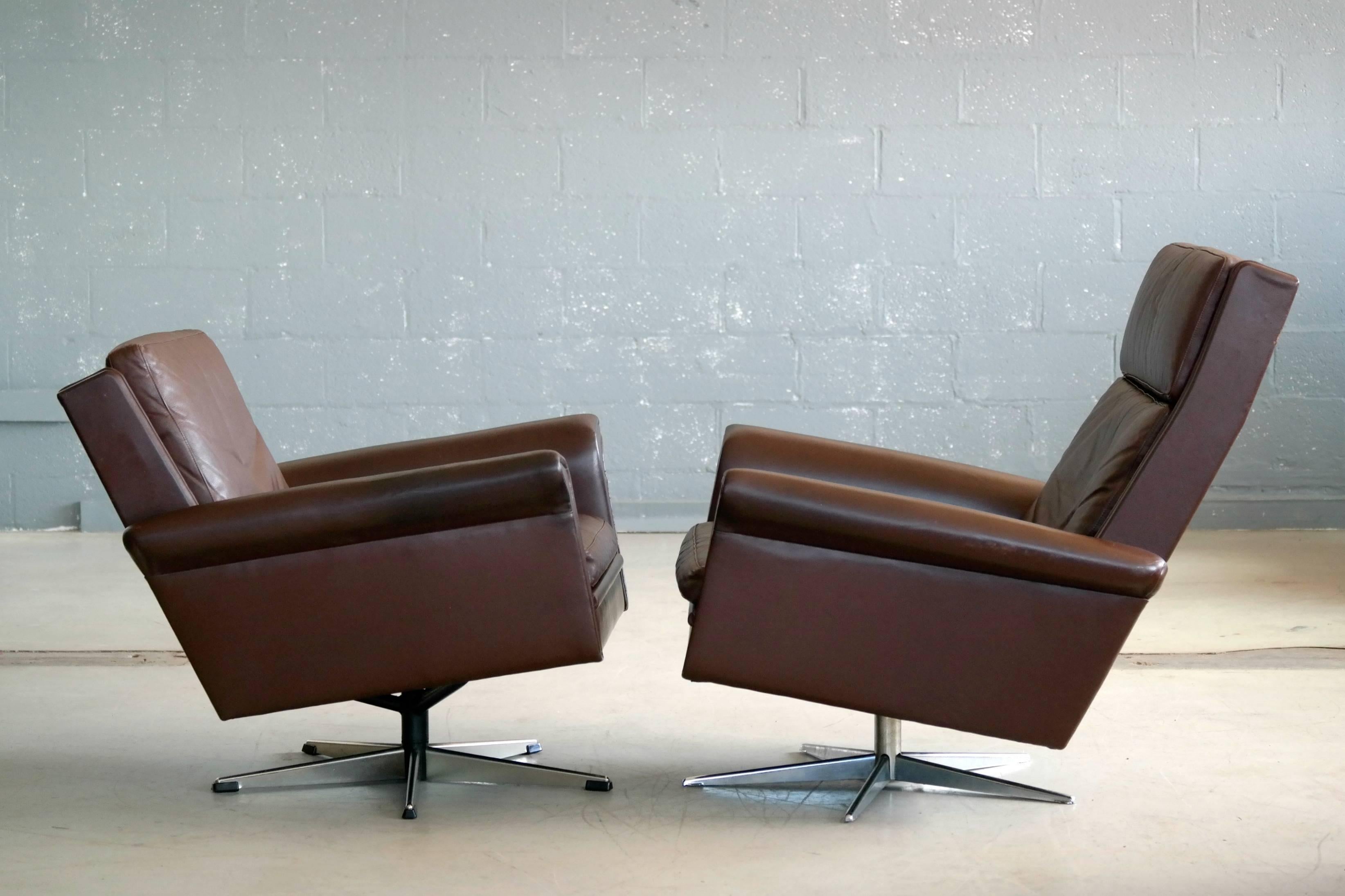 Pair of Danish High Low Swivel Lounge Chairs in Chocolate Leather by Georg Thams 3