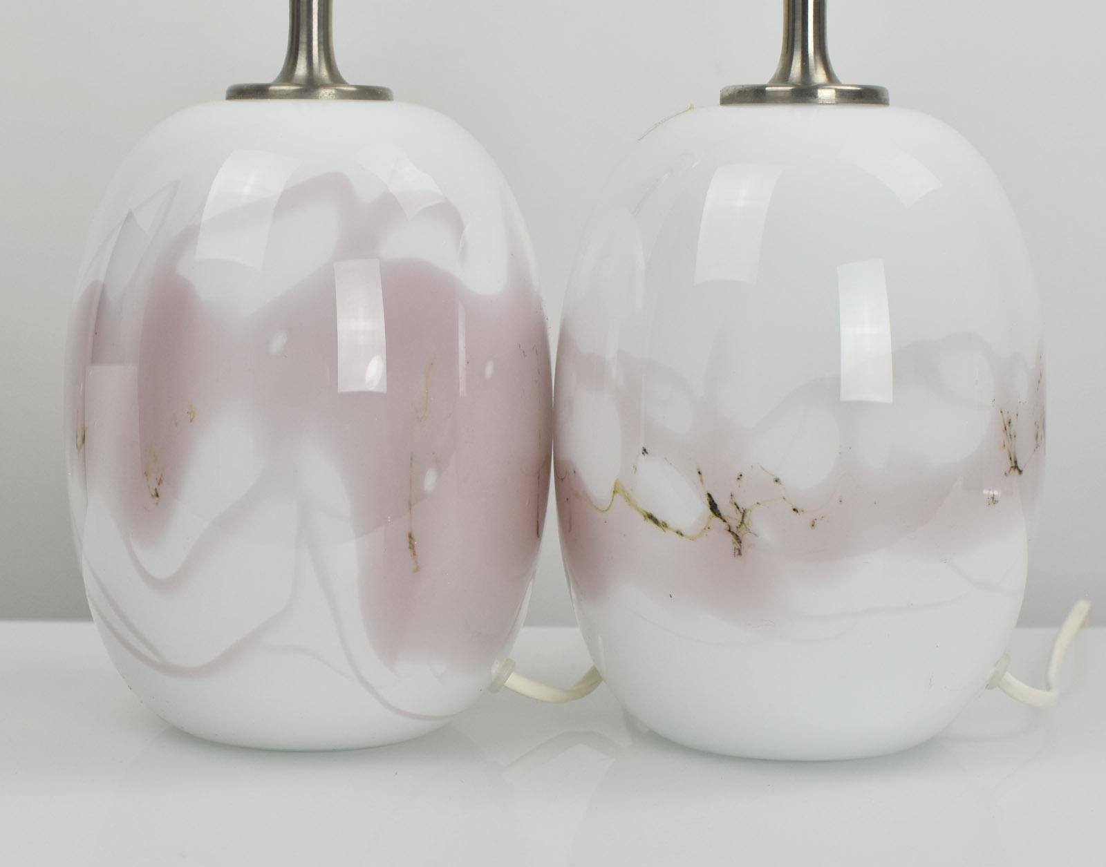 This is a pair of vintage pink marbled opaline art glass table lamp bases from the 